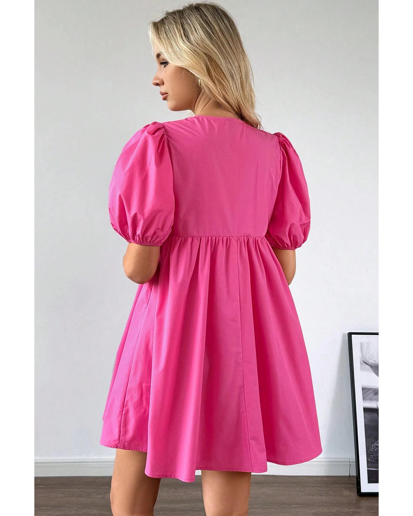 Bright Pink Solid Color Puff Sleeve Tie Front High Waist Mini Dress - L
