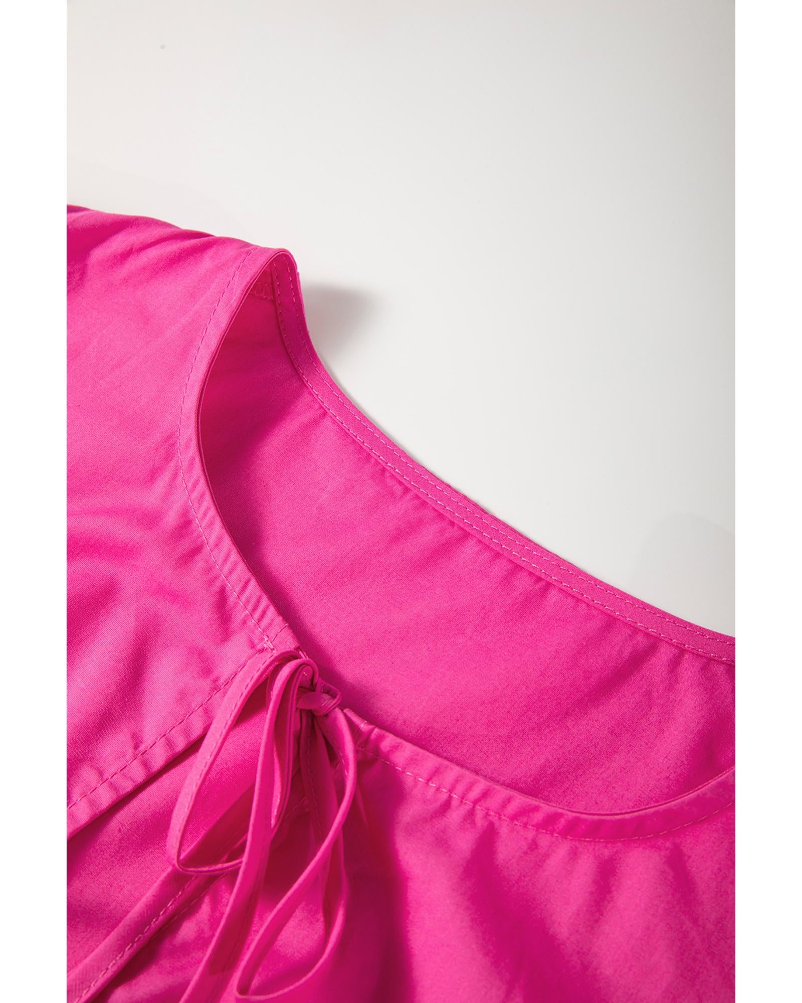 Bright Pink Solid Color Puff Sleeve Tie Front High Waist Mini Dress - L