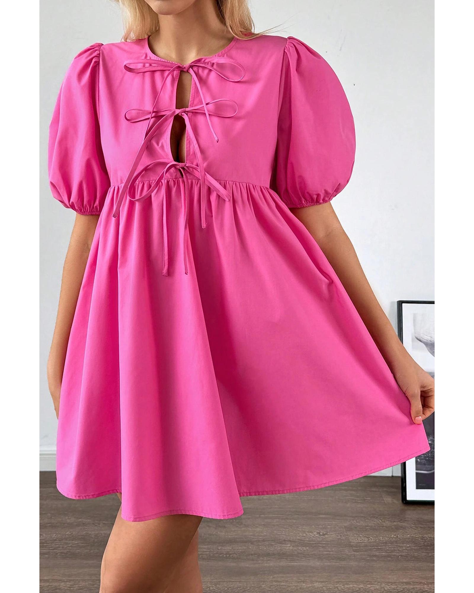 Bright Pink Solid Color Puff Sleeve Tie Front High Waist Mini Dress - XL
