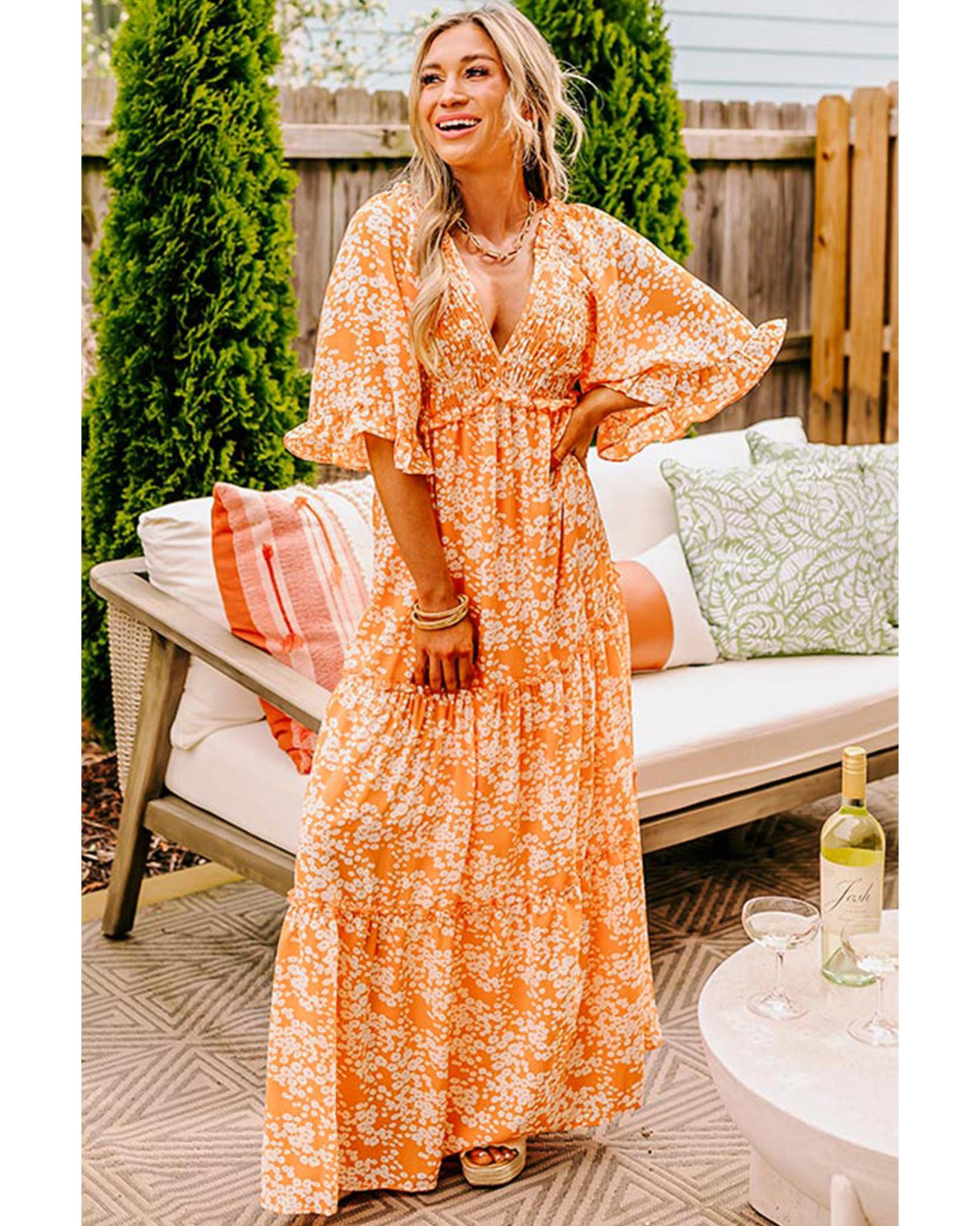 Orange Floral Print Smocked V Neck Wide Sleeve Maxi Dress - M
