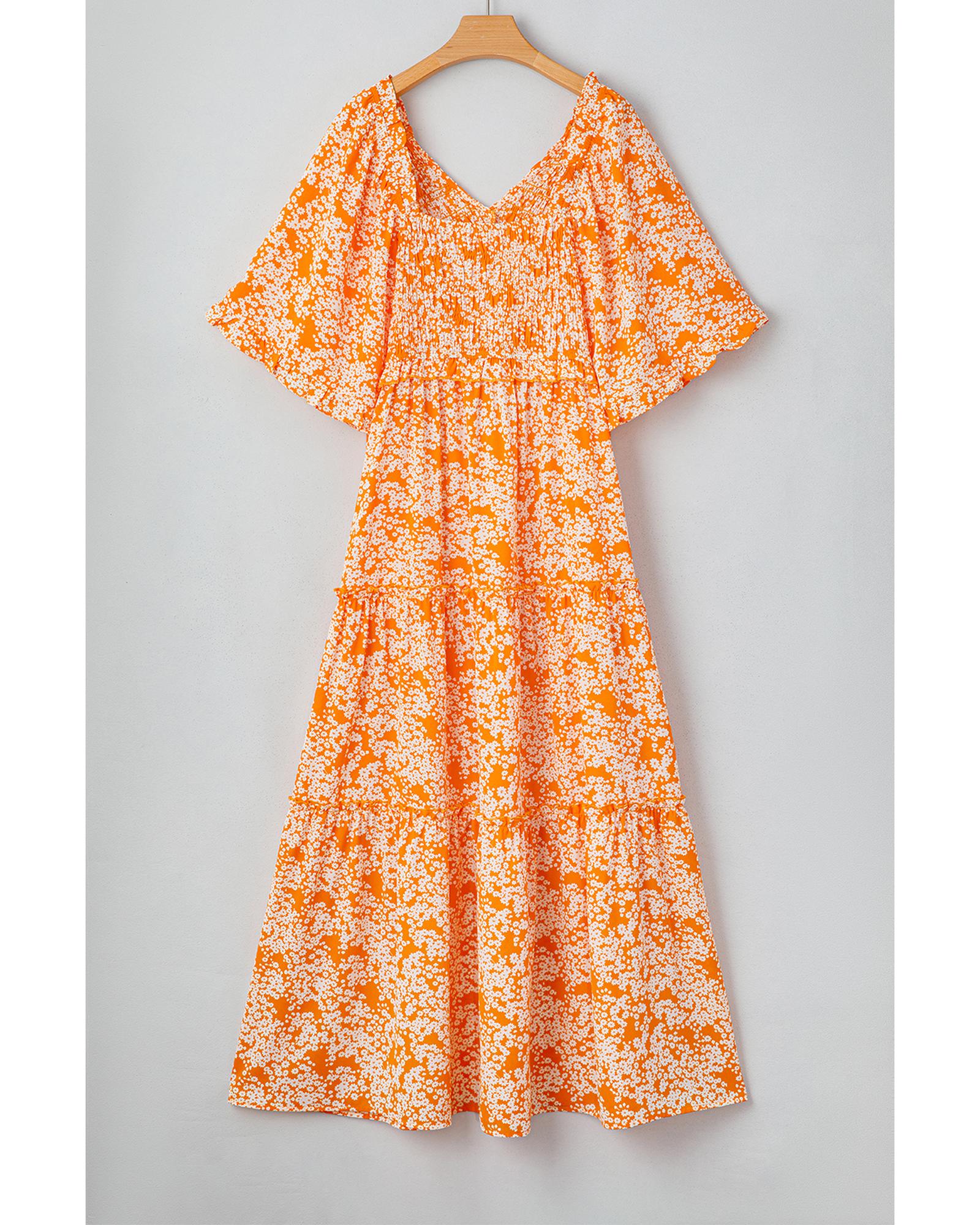 Orange Floral Print Smocked V Neck Wide Sleeve Maxi Dress - M