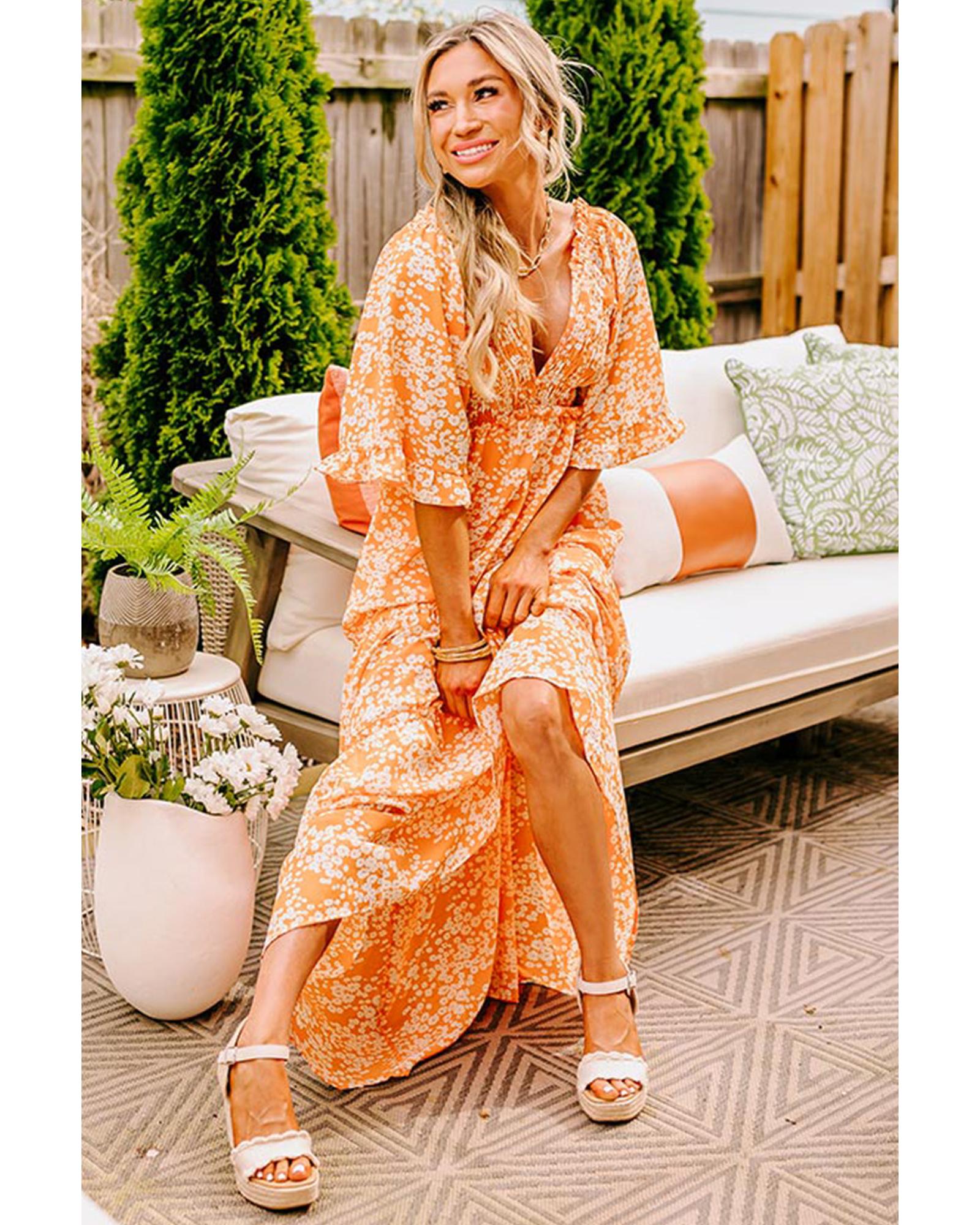 Orange Floral Print Smocked V Neck Wide Sleeve Maxi Dress - S