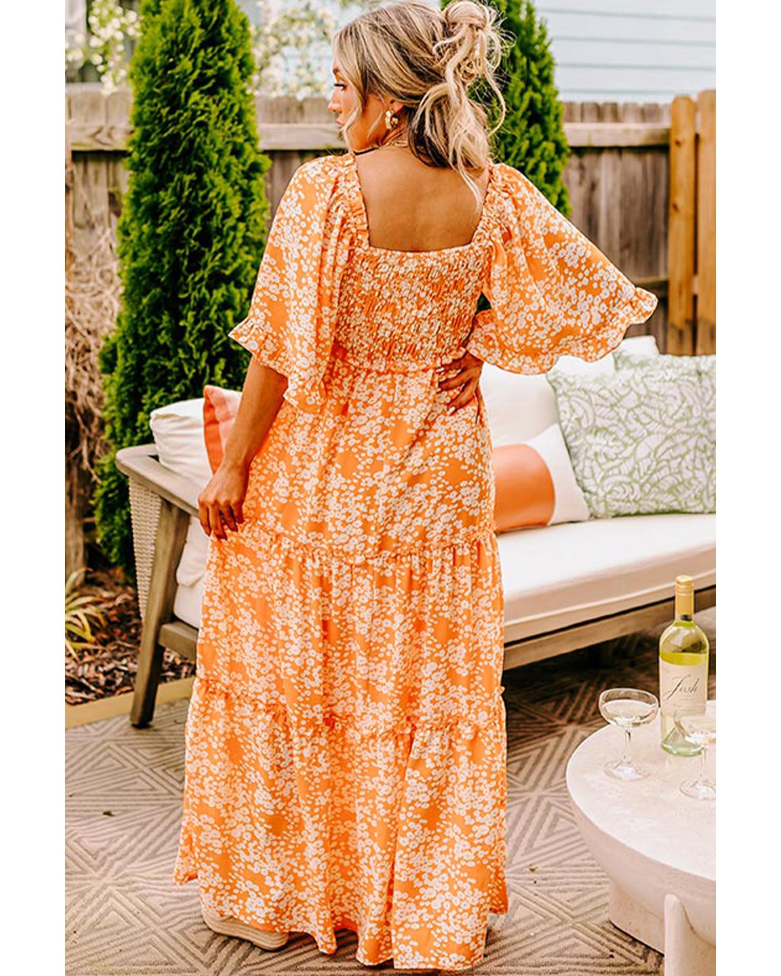 Orange Floral Print Smocked V Neck Wide Sleeve Maxi Dress - S