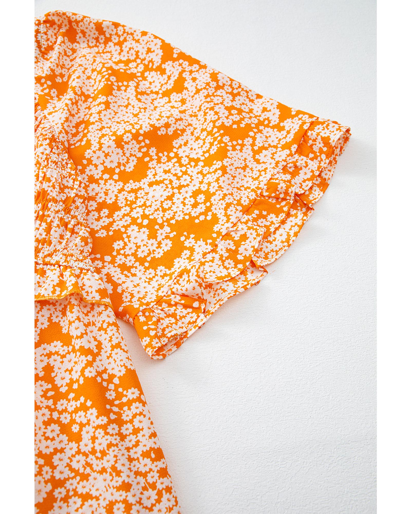 Orange Floral Print Smocked V Neck Wide Sleeve Maxi Dress - S