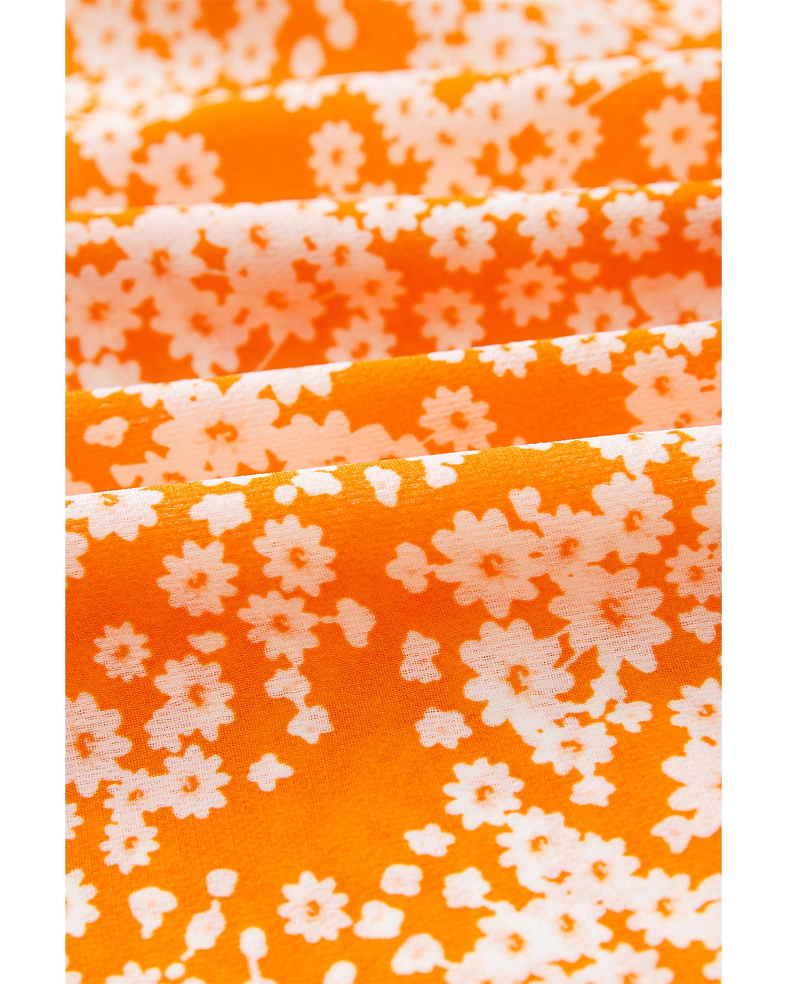 Orange Floral Print Smocked V Neck Wide Sleeve Maxi Dress - S