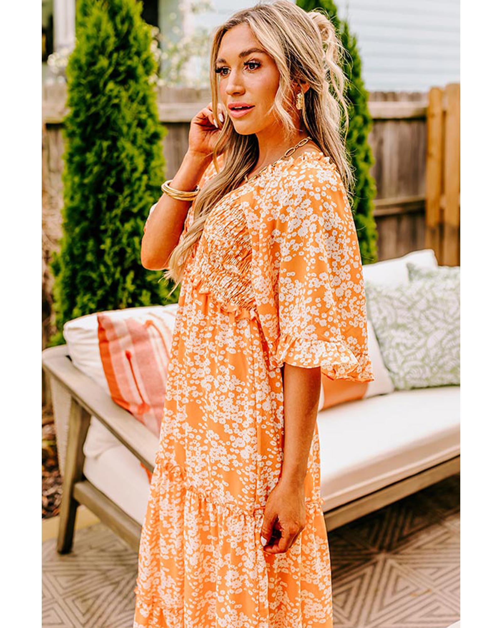 Orange Floral Print Smocked V Neck Wide Sleeve Maxi Dress - S