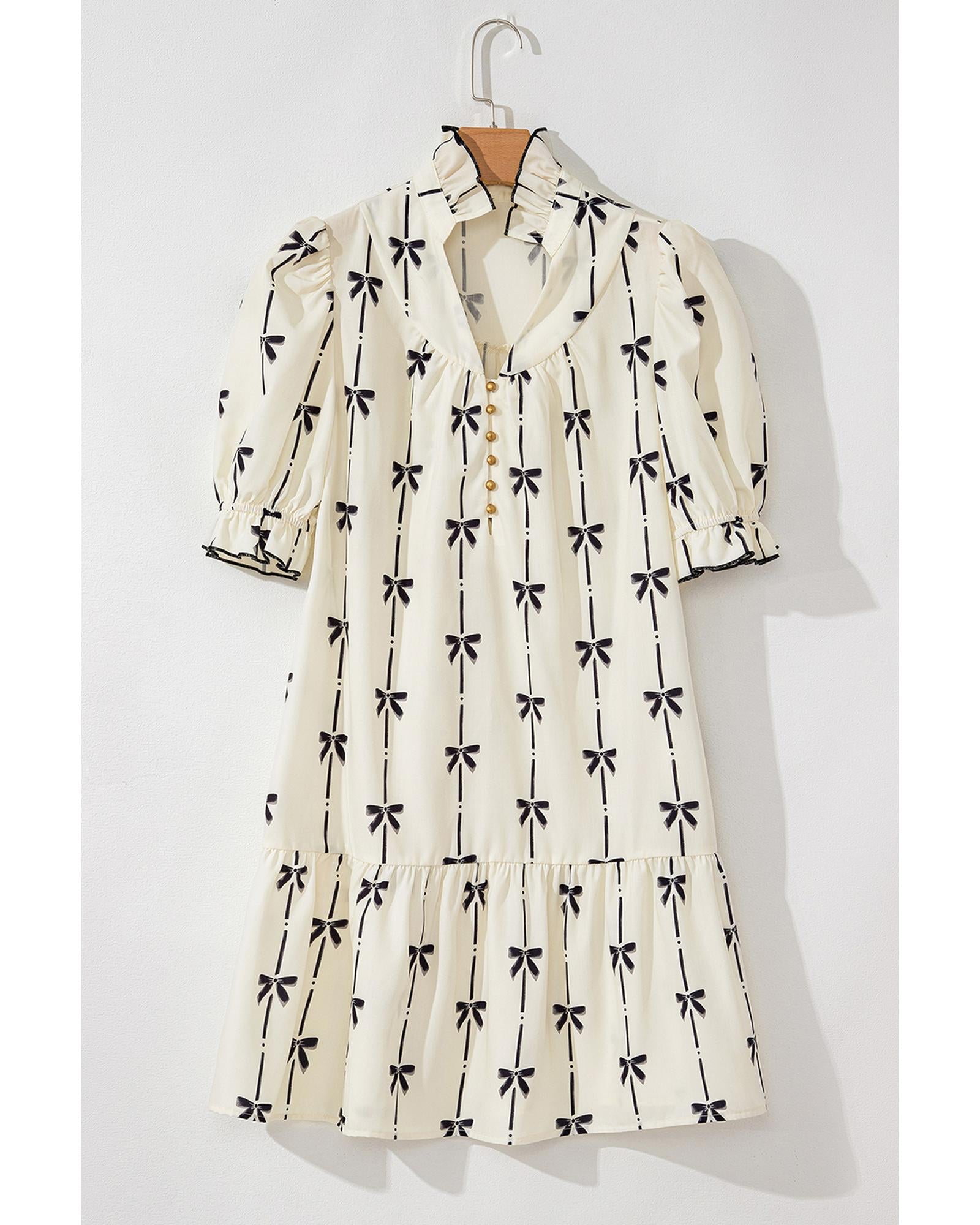 Beige Cute Bowknot Printed Bubble Sleeve V Neck Mini Dress - L