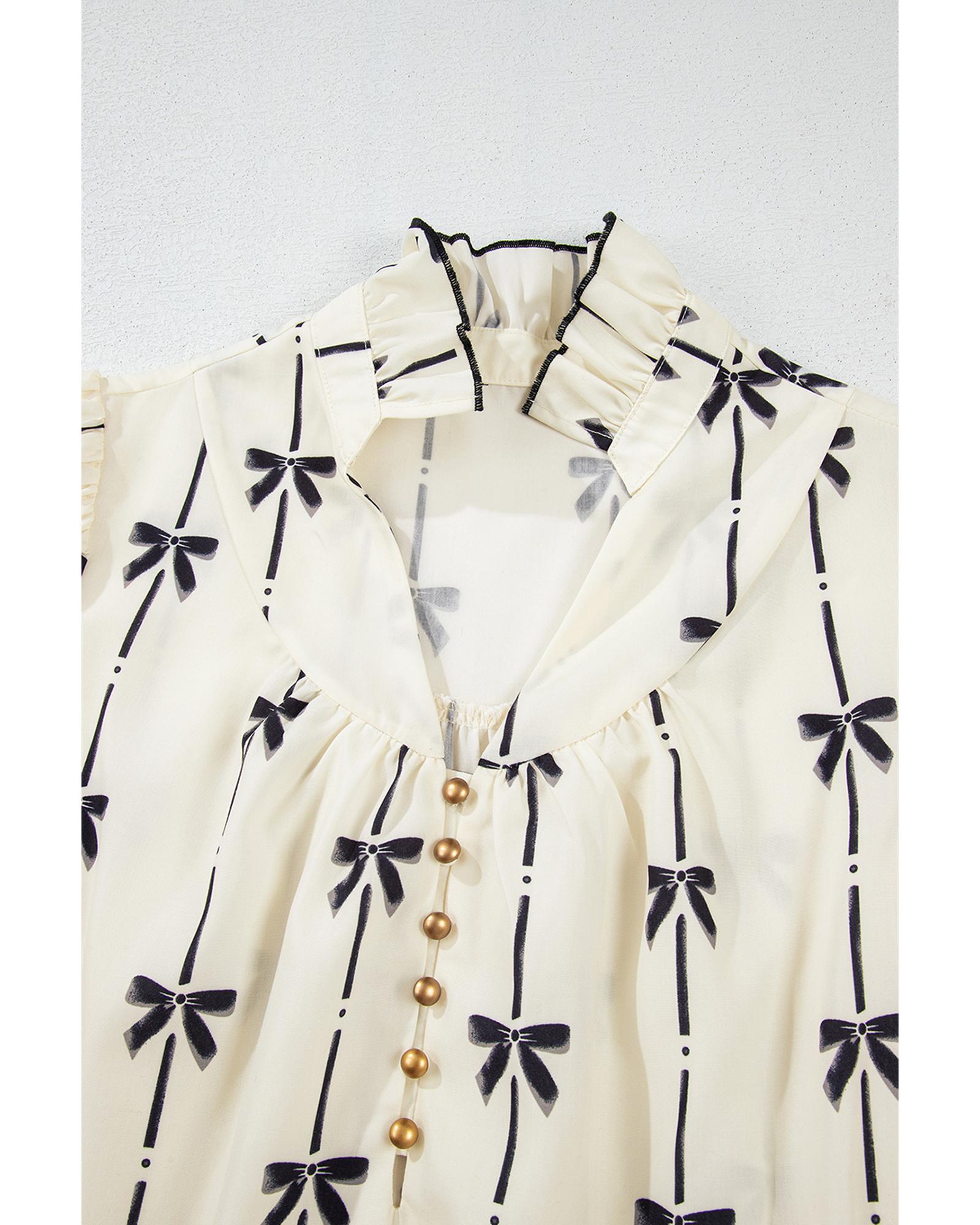 Beige Cute Bowknot Printed Bubble Sleeve V Neck Mini Dress - M