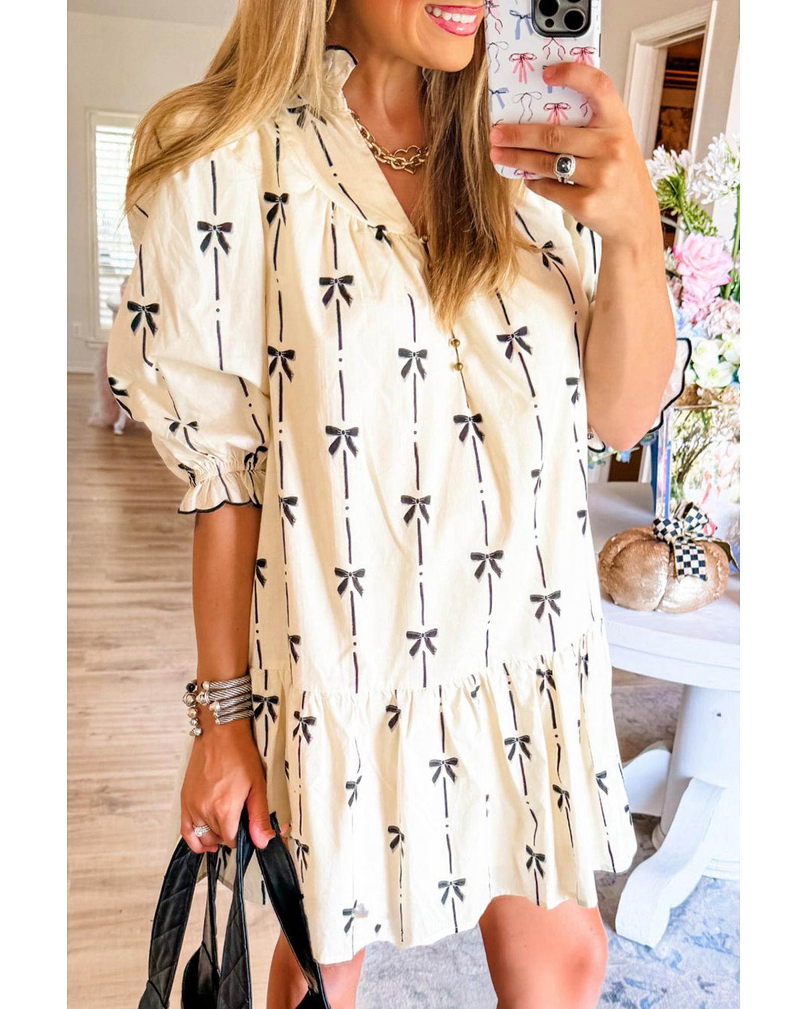 Beige Cute Bowknot Printed Bubble Sleeve V Neck Mini Dress - S