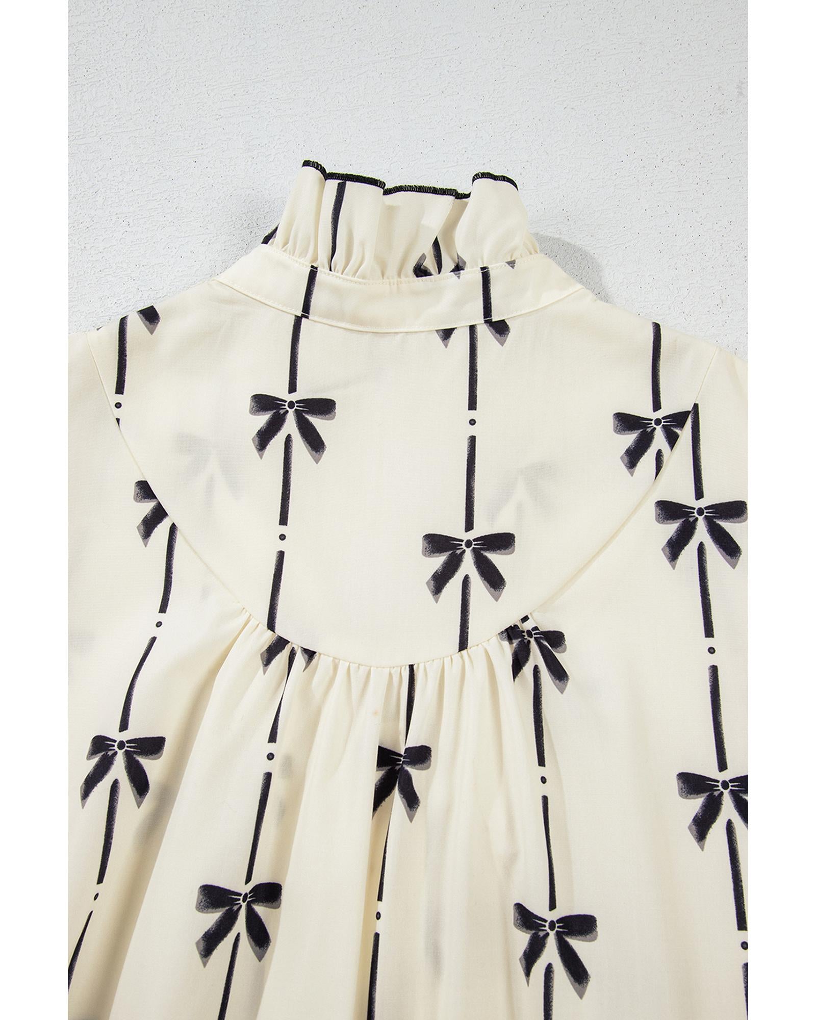 Beige Cute Bowknot Printed Bubble Sleeve V Neck Mini Dress - XL
