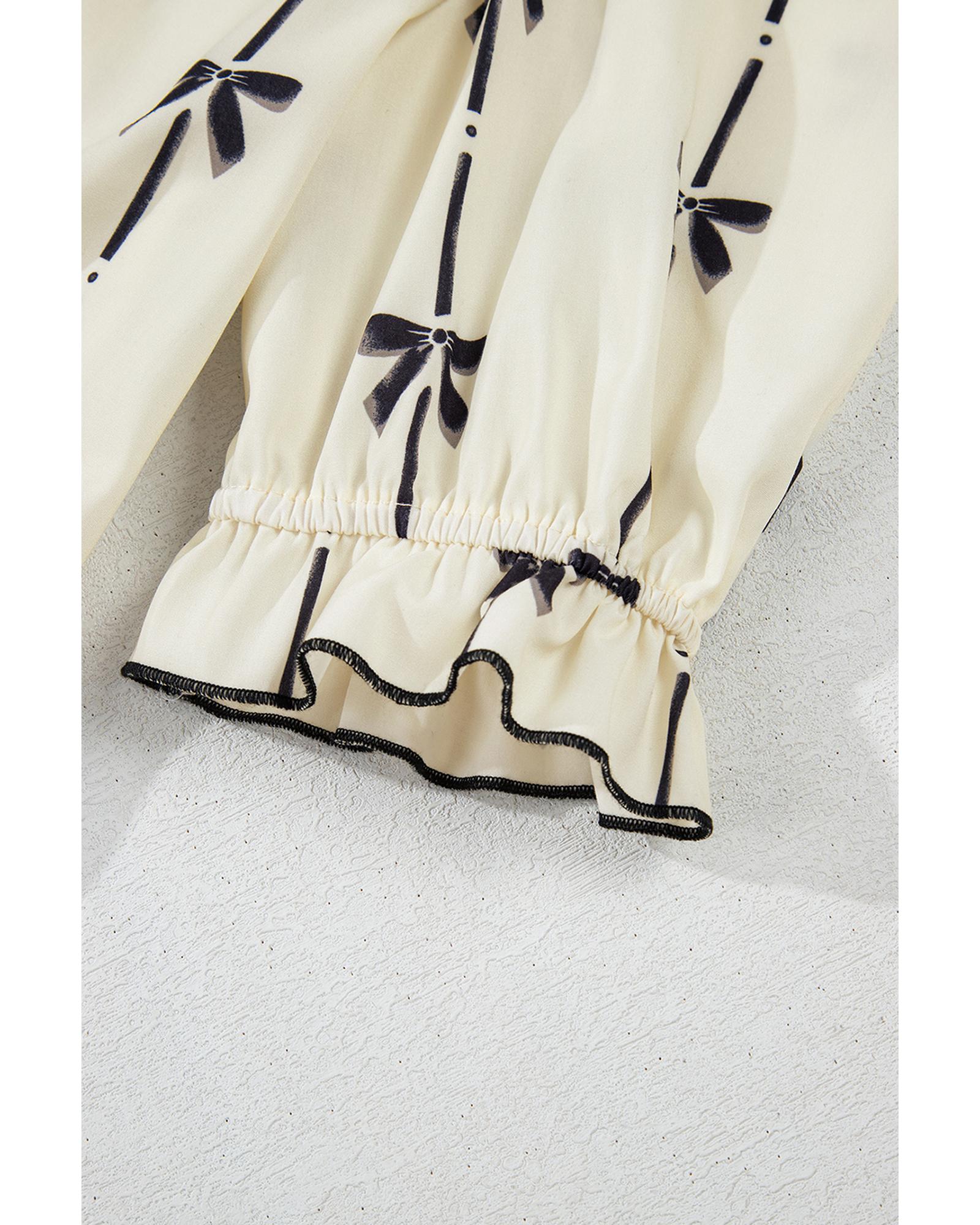 Beige Cute Bowknot Printed Bubble Sleeve V Neck Mini Dress - XL