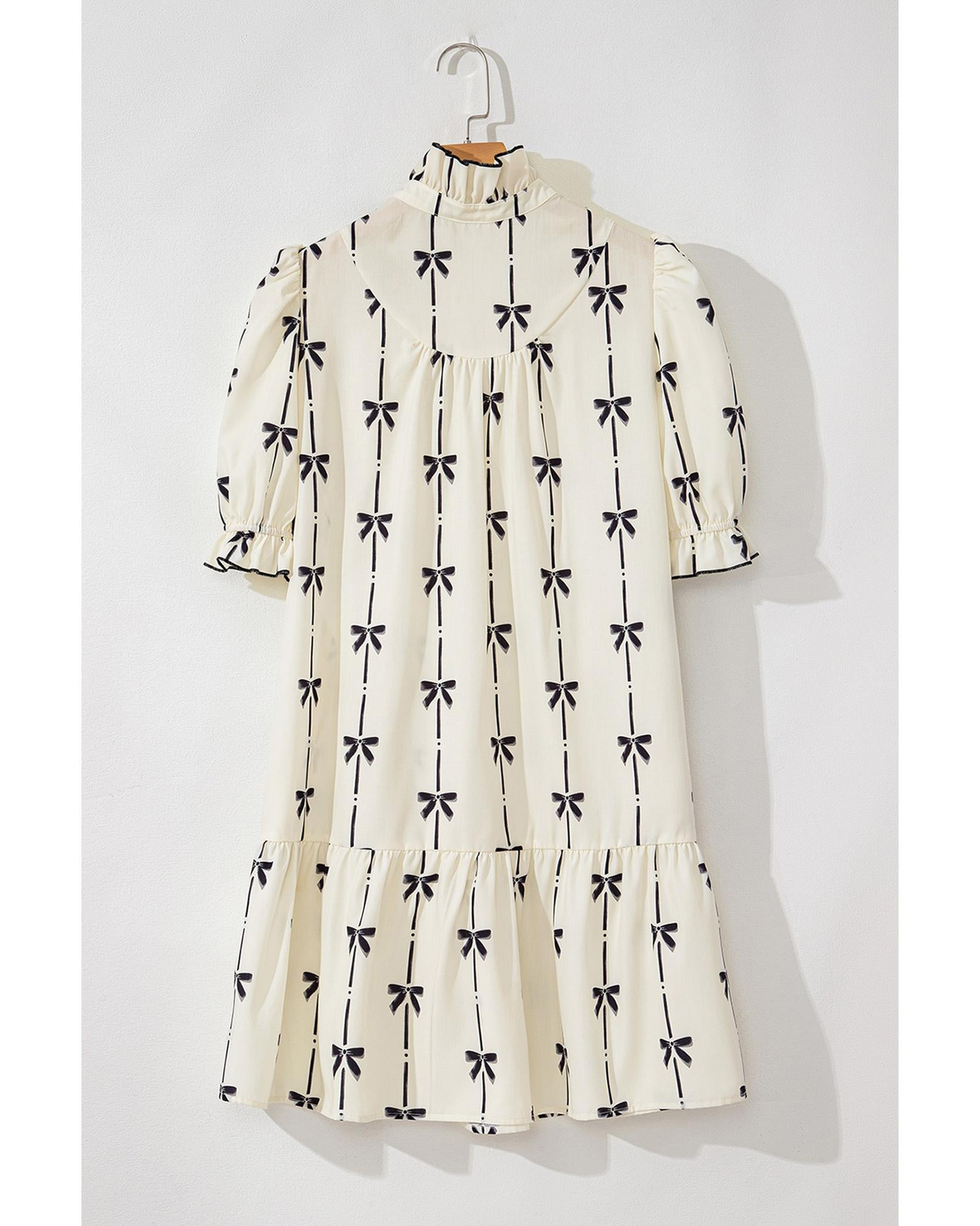 Beige Cute Bowknot Printed Bubble Sleeve V Neck Mini Dress - XL