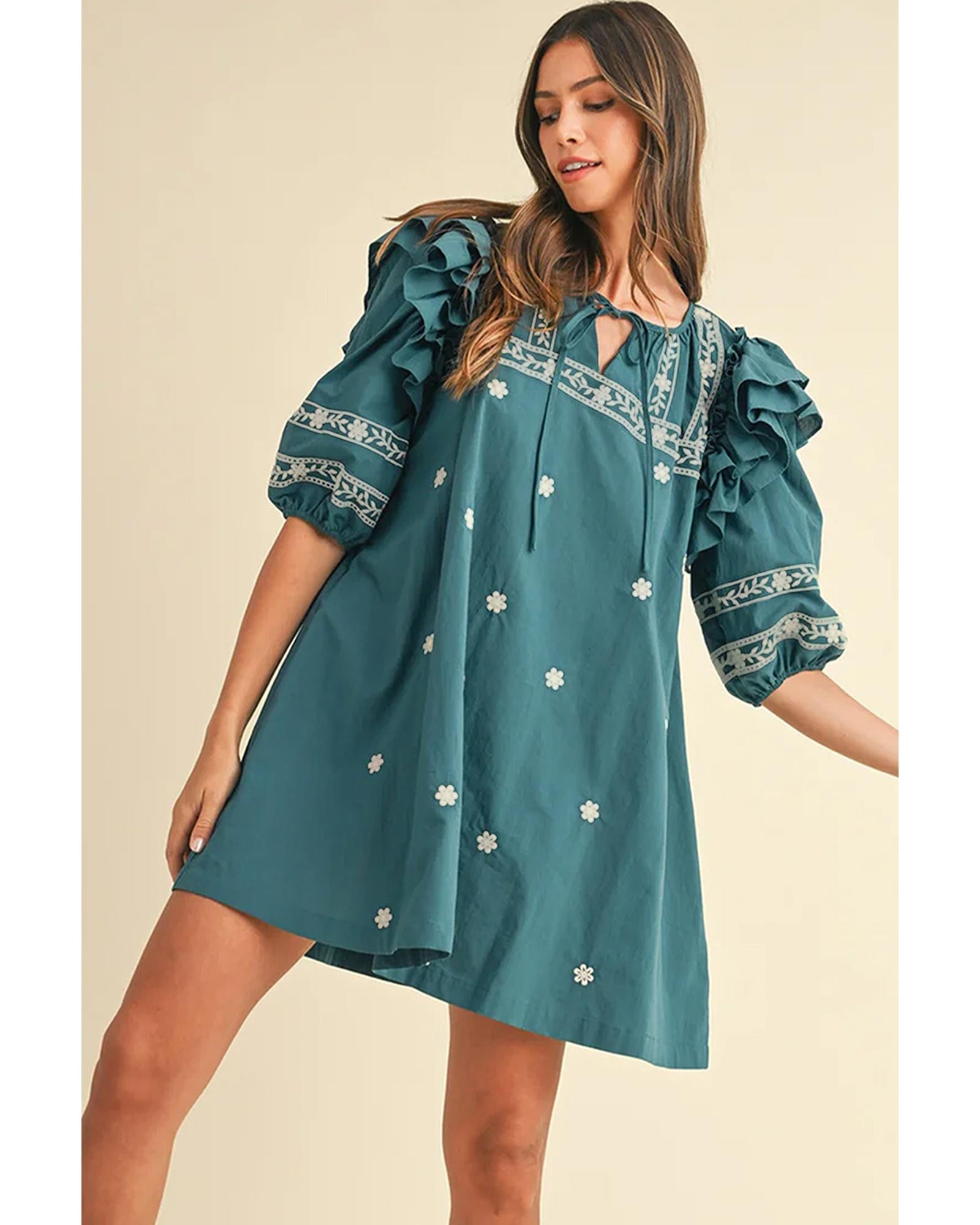 Skobeloff Boho Floral Ruffle Puff Sleeve Lace-up V Neck Mini Dress - L