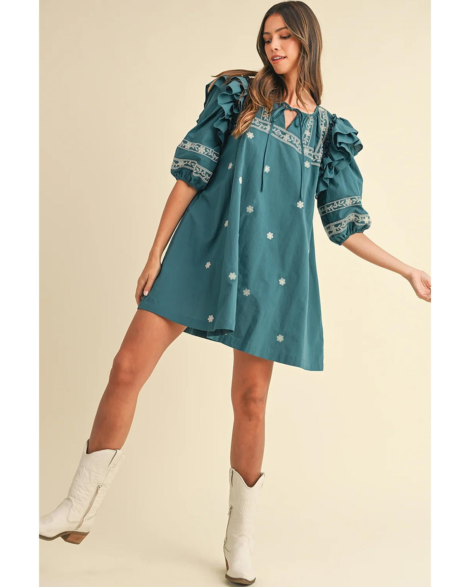 Skobeloff Boho Floral Ruffle Puff Sleeve Lace-up V Neck Mini Dress - L