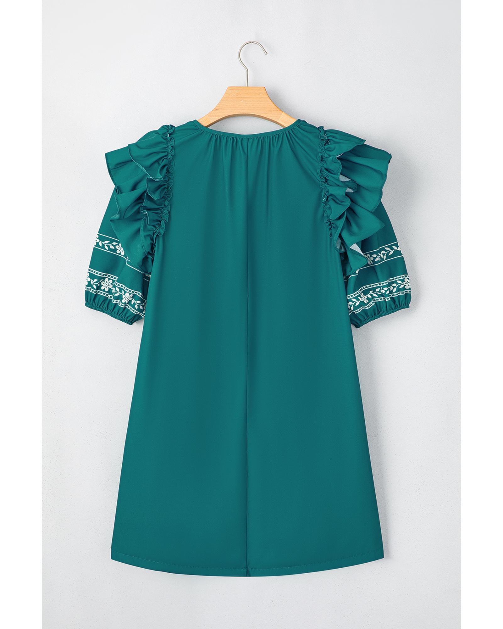 Skobeloff Boho Floral Ruffle Puff Sleeve Lace-up V Neck Mini Dress - L