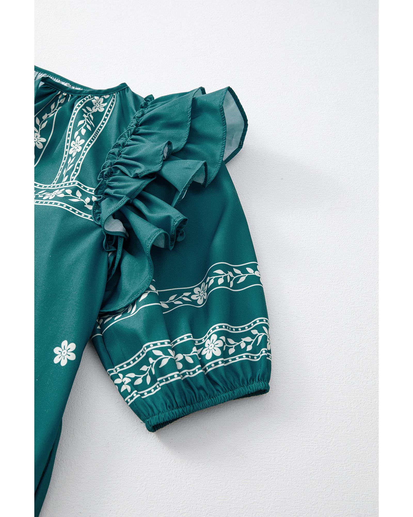 Skobeloff Boho Floral Ruffle Puff Sleeve Lace-up V Neck Mini Dress - L