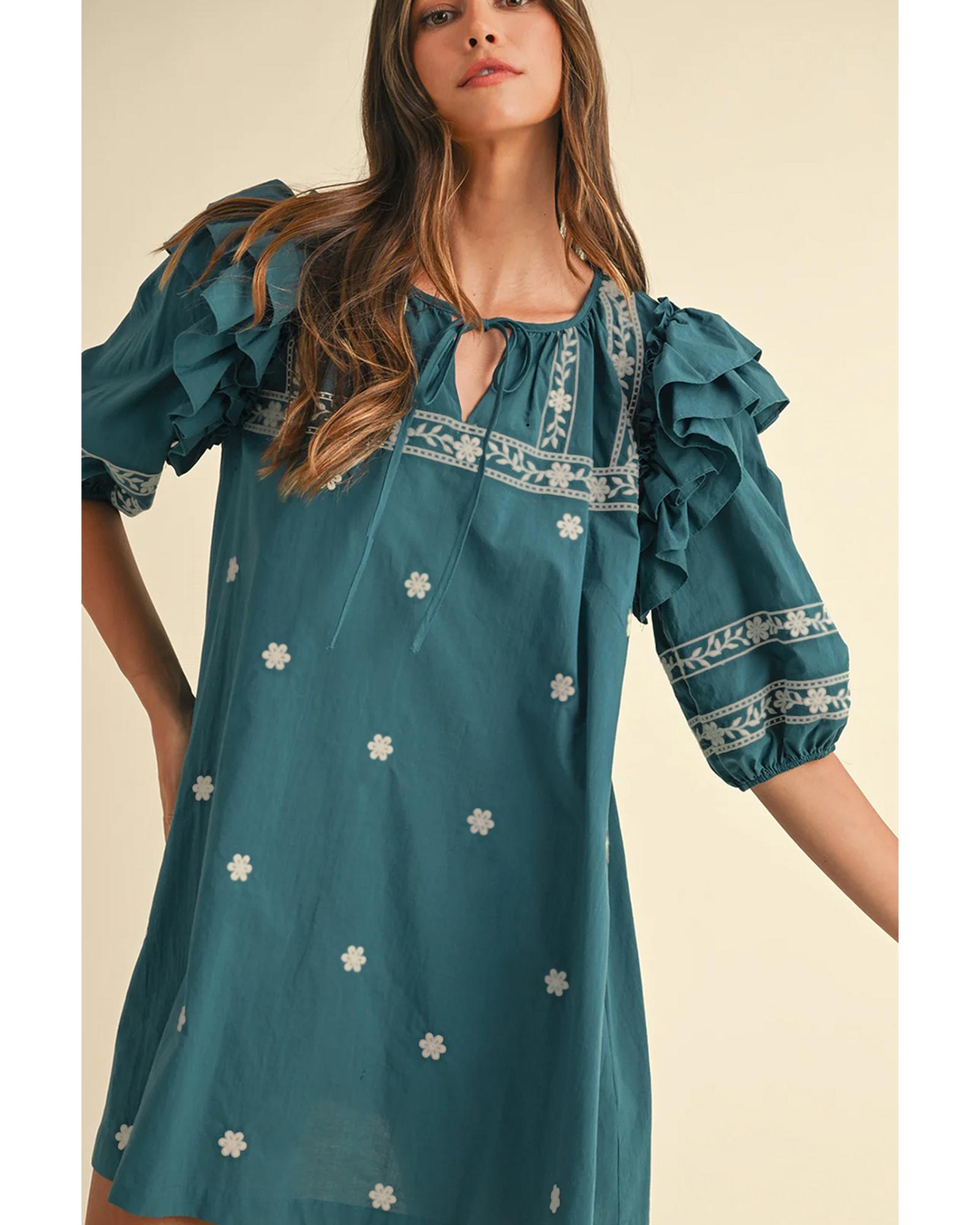 Skobeloff Boho Floral Ruffle Puff Sleeve Lace-up V Neck Mini Dress - M
