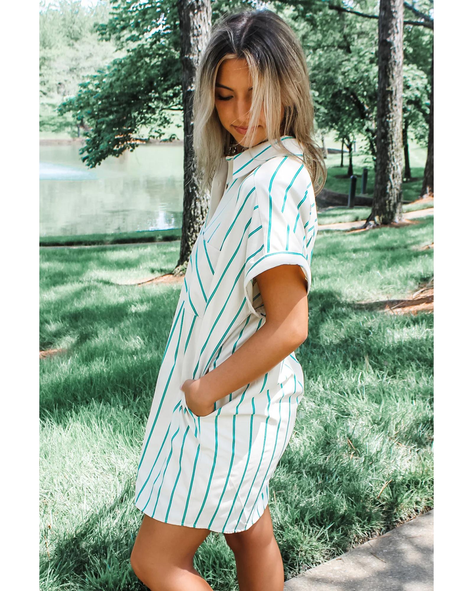Mint Green St Patricks Striped Wide Short Sleeve Shift Mini Shirt Dress - M