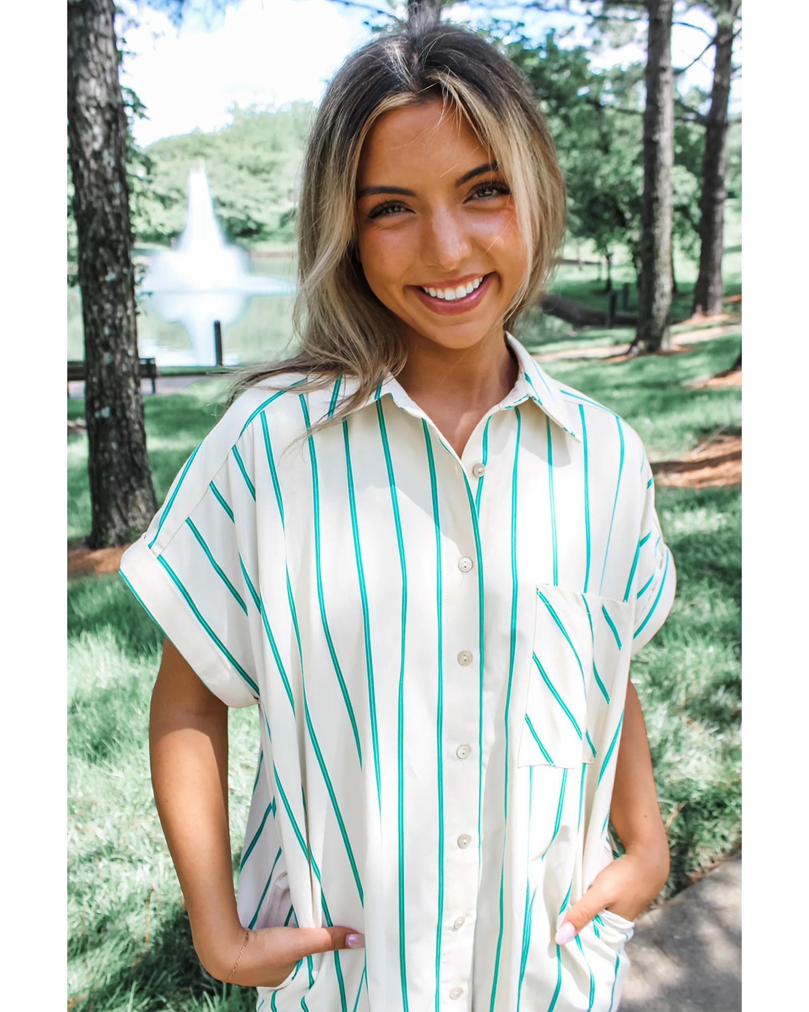 Mint Green St Patricks Striped Wide Short Sleeve Shift Mini Shirt Dress - S