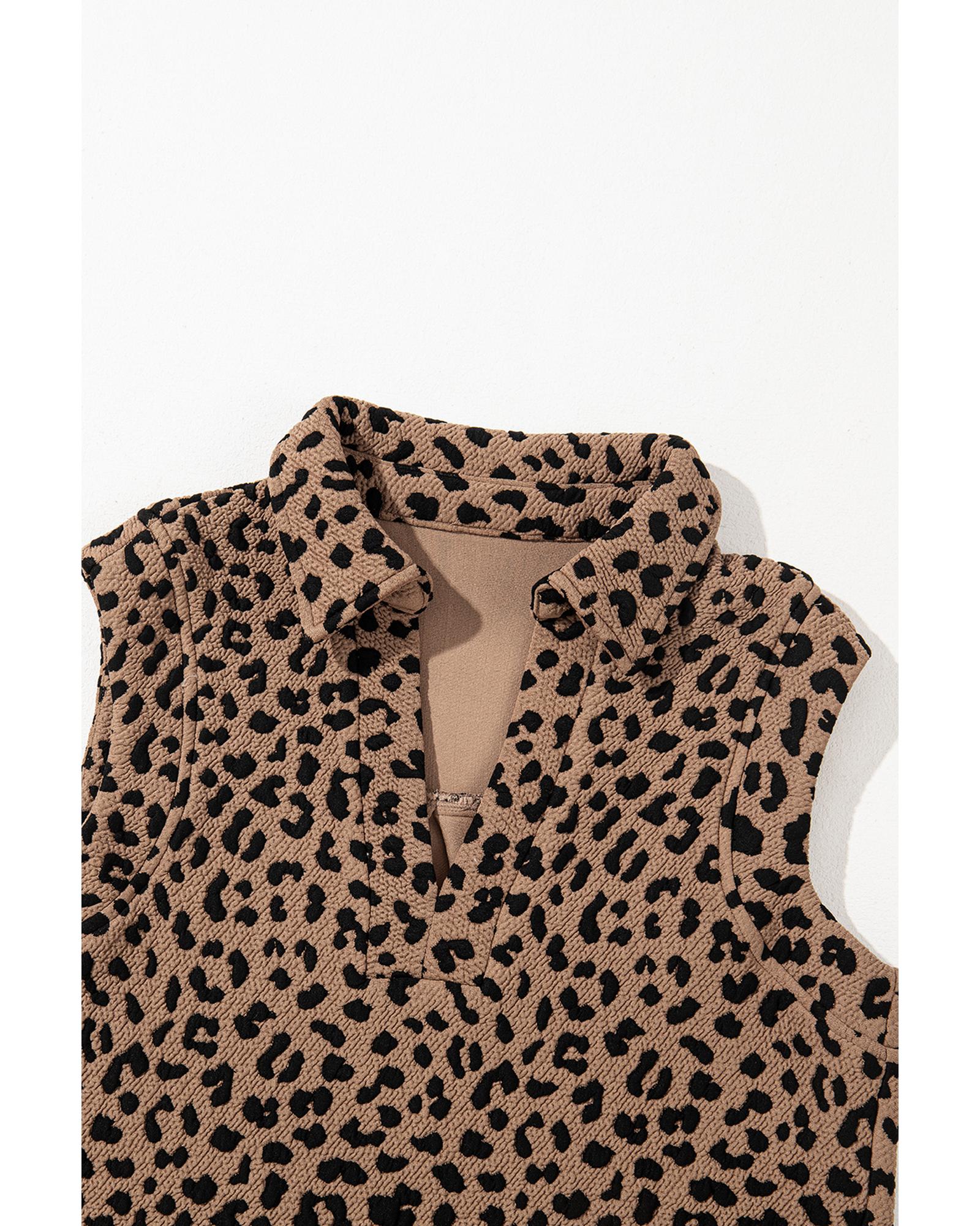 Khaki Leopard Print V Neck Sleeveless Collared Mini Dress - L