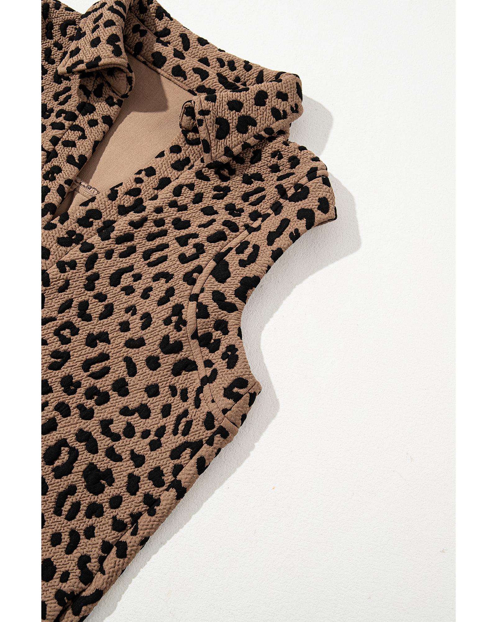 Khaki Leopard Print V Neck Sleeveless Collared Mini Dress - L