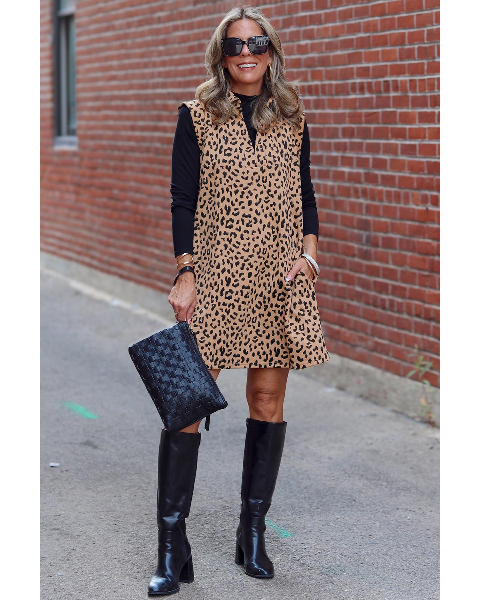 Khaki Leopard Print V Neck Sleeveless Collared Mini Dress - L