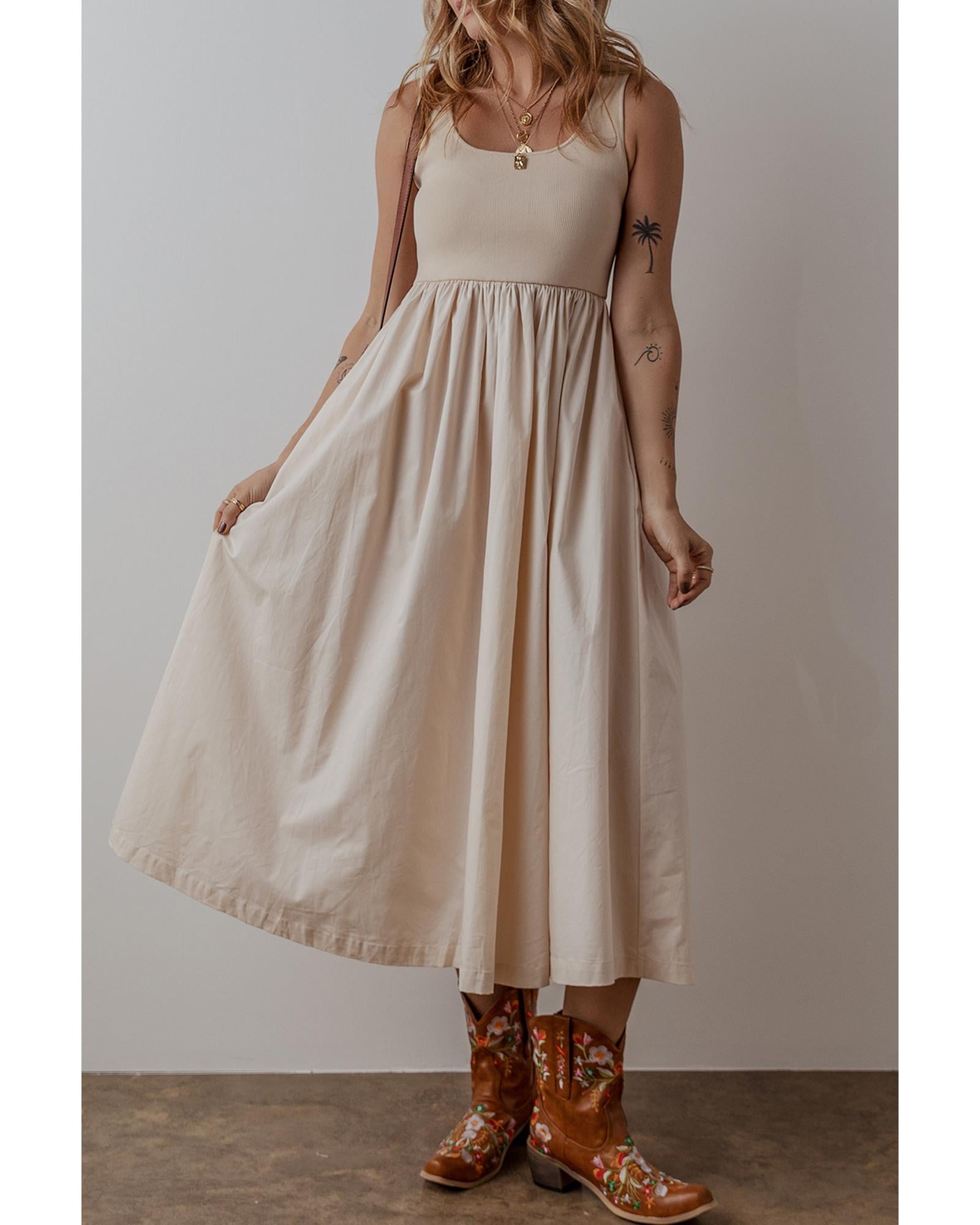 Beige Scoop Neck Ribbed Bodice Pleated Sleeveless Long Dress - M