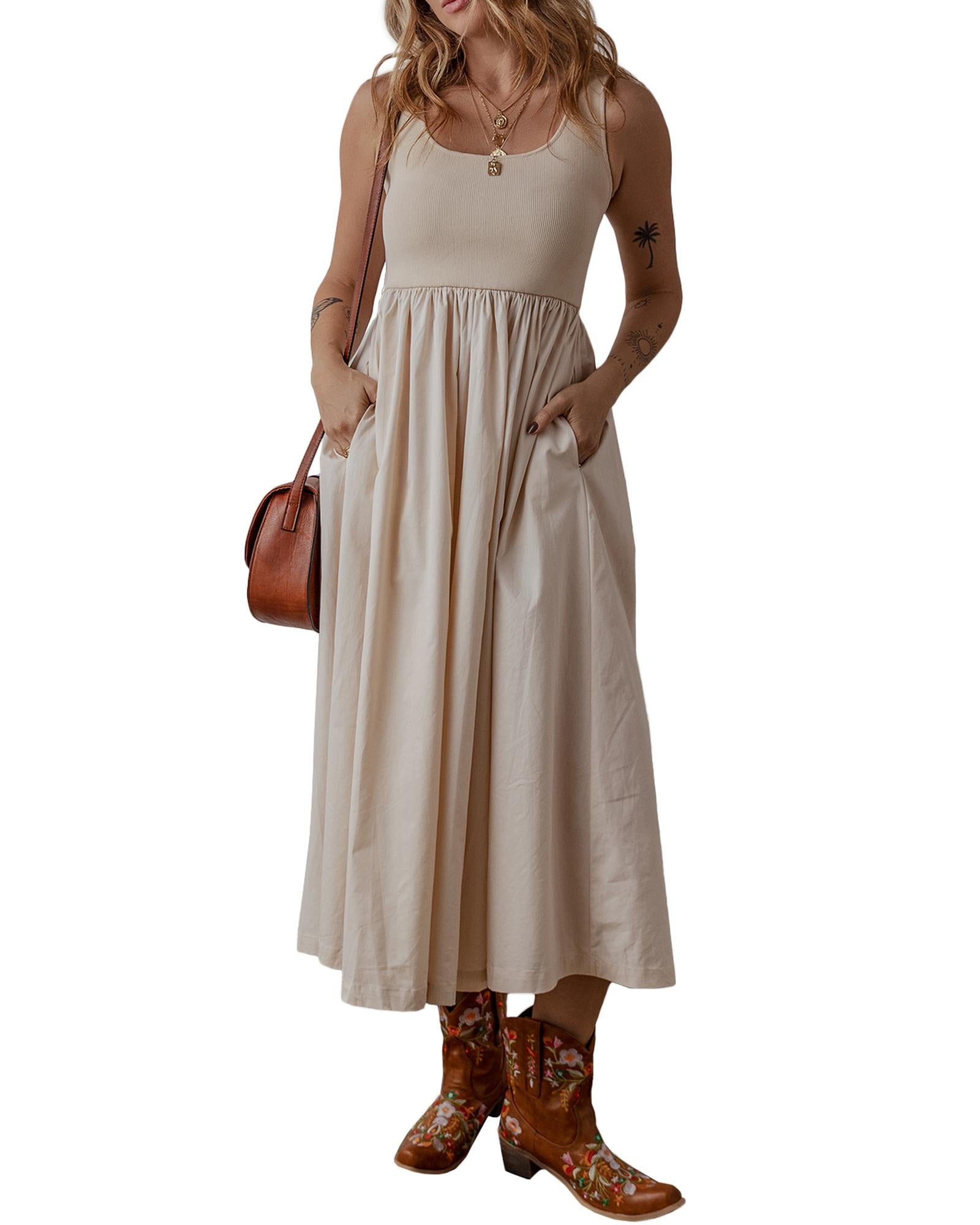 Beige Scoop Neck Ribbed Bodice Pleated Sleeveless Long Dress - M