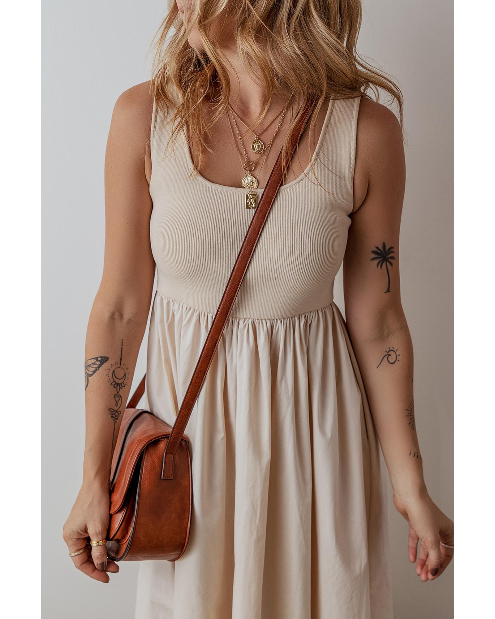 Beige Scoop Neck Ribbed Bodice Pleated Sleeveless Long Dress - M