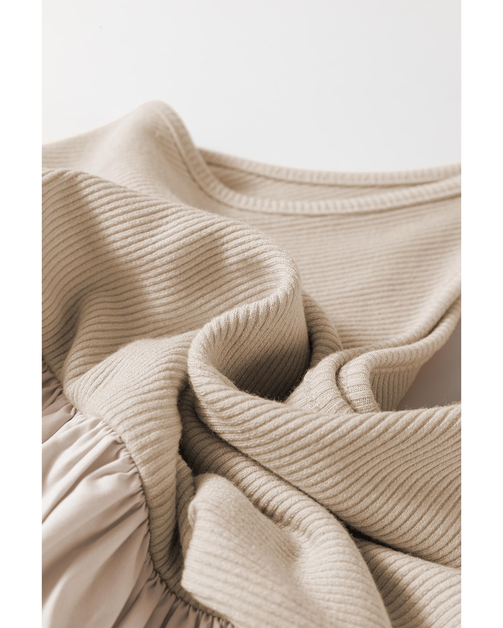 Beige Scoop Neck Ribbed Bodice Pleated Sleeveless Long Dress - M