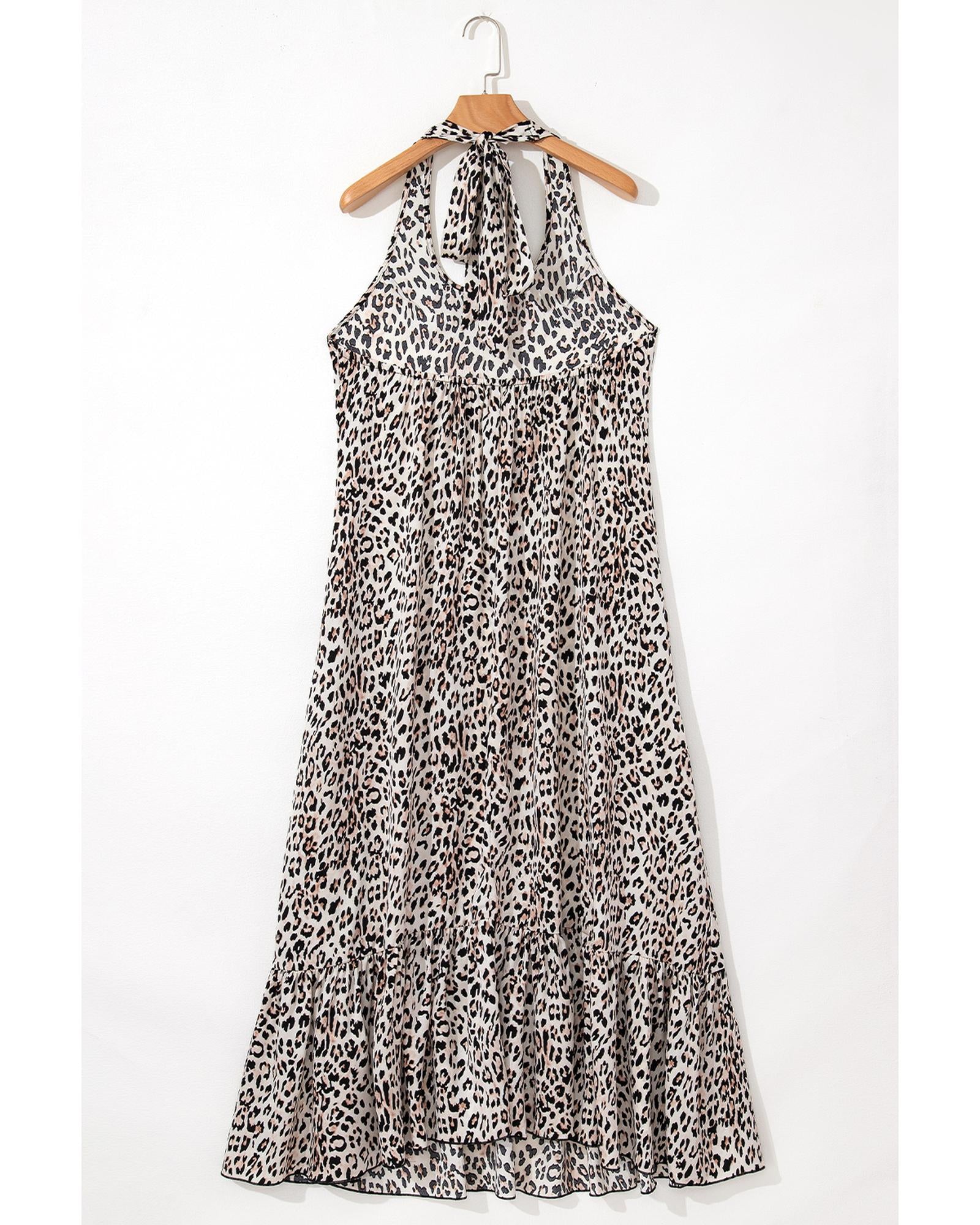 Brown Leopard Printed Halter Neck Backless Ruffled Hem Maxi Dress - XL