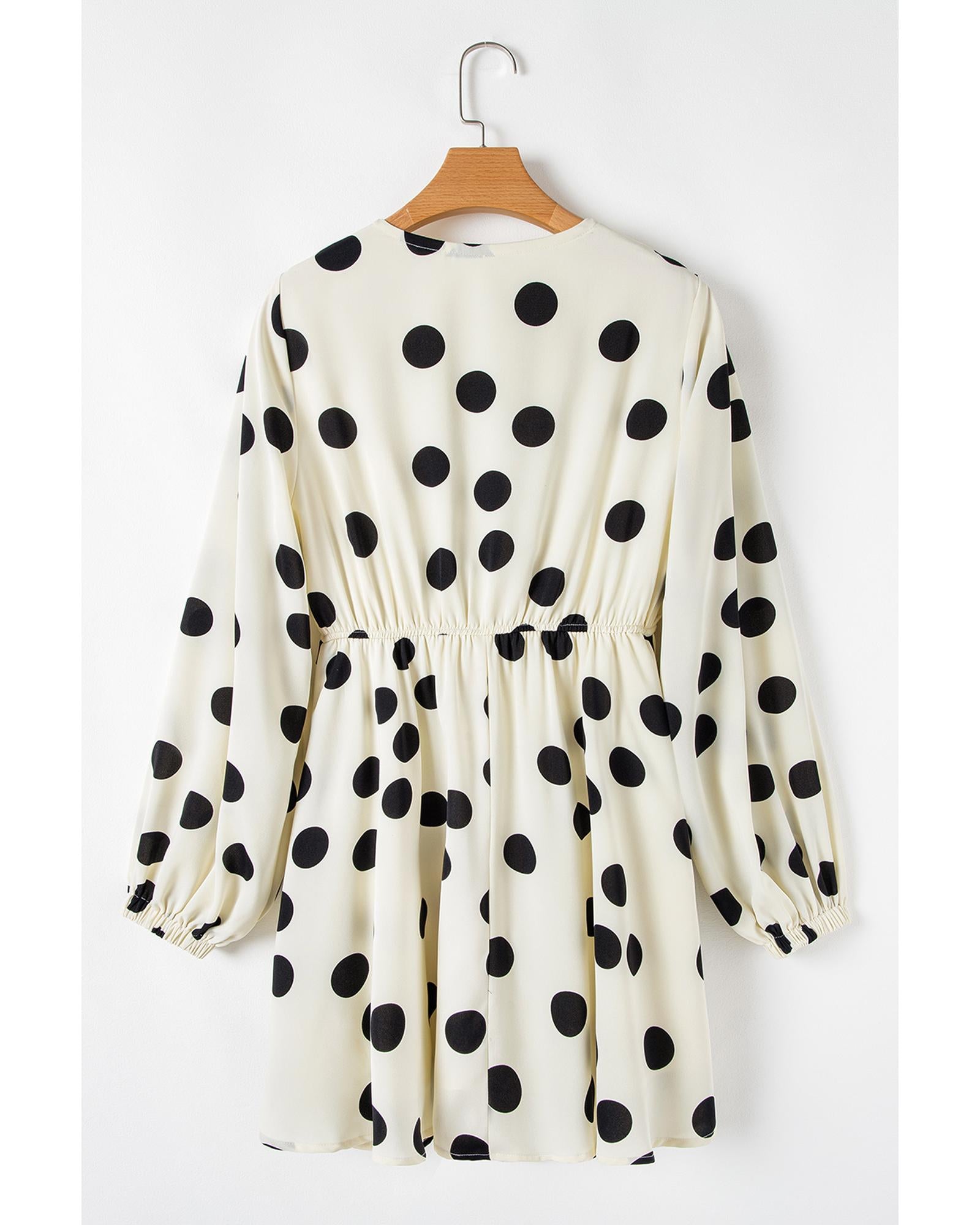 Beige Polka Dot Printed Surplice V Neck Puff Sleeve Mini Dress - L