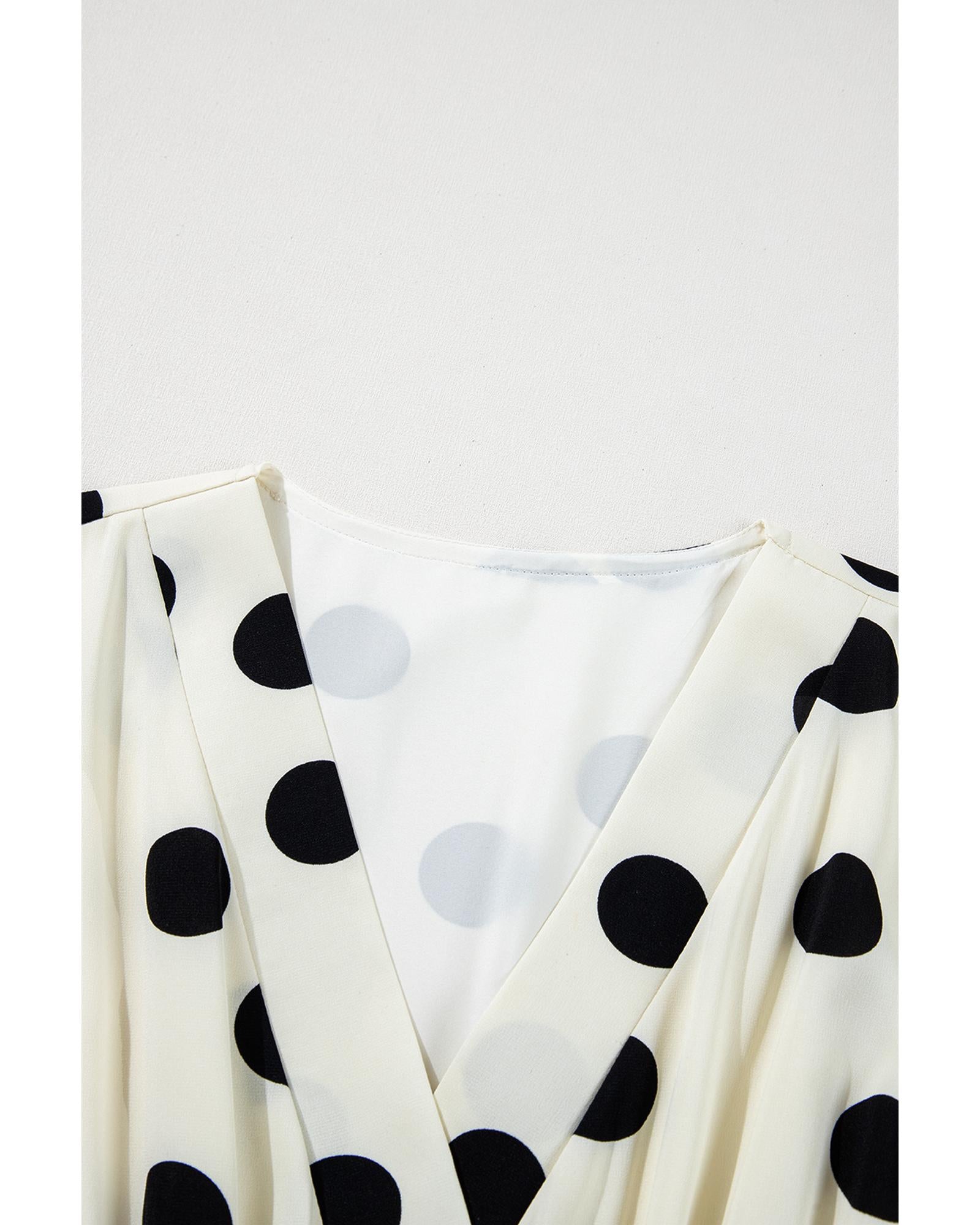 Beige Polka Dot Printed Surplice V Neck Puff Sleeve Mini Dress - L