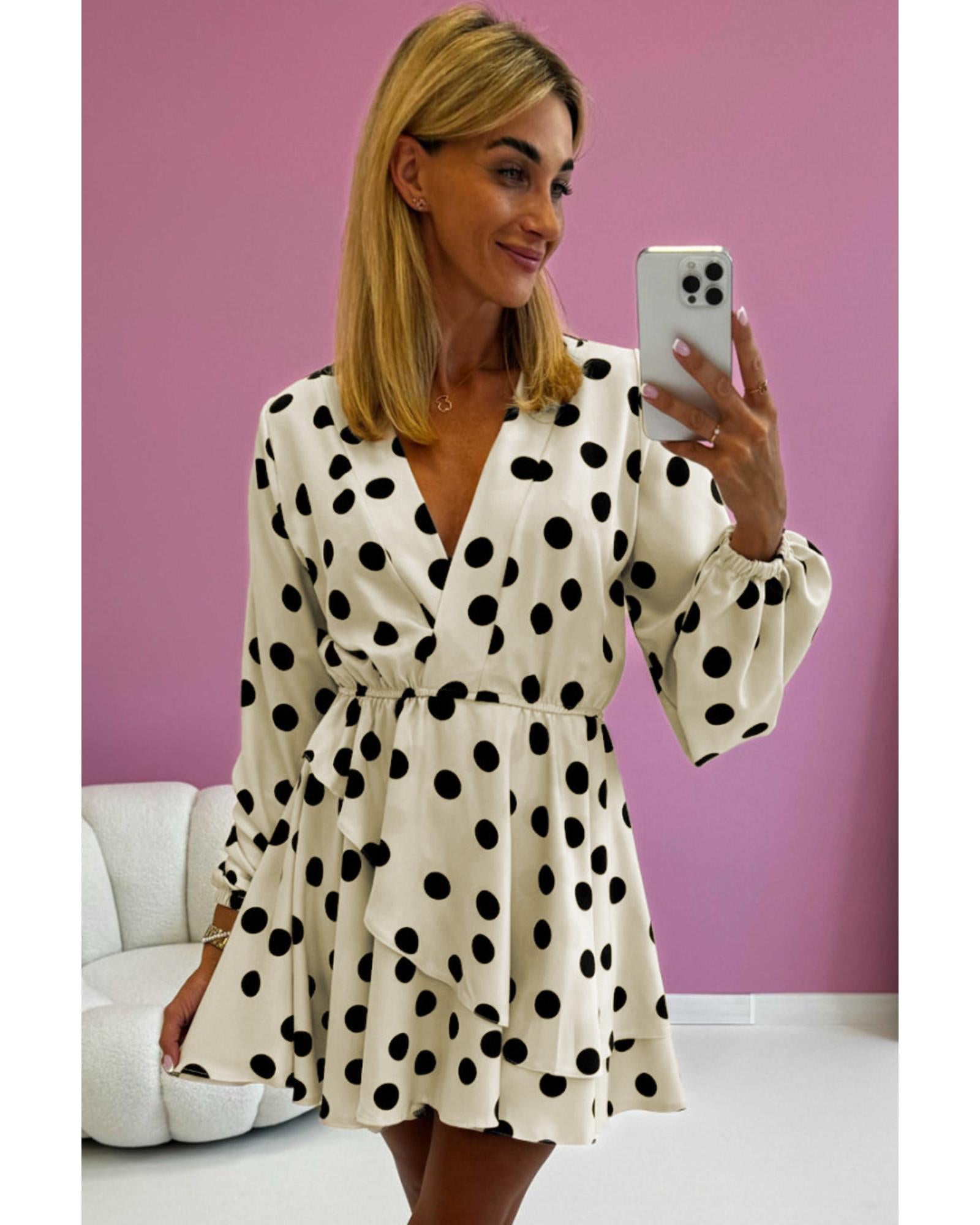 Beige Polka Dot Printed Surplice V Neck Puff Sleeve Mini Dress - L