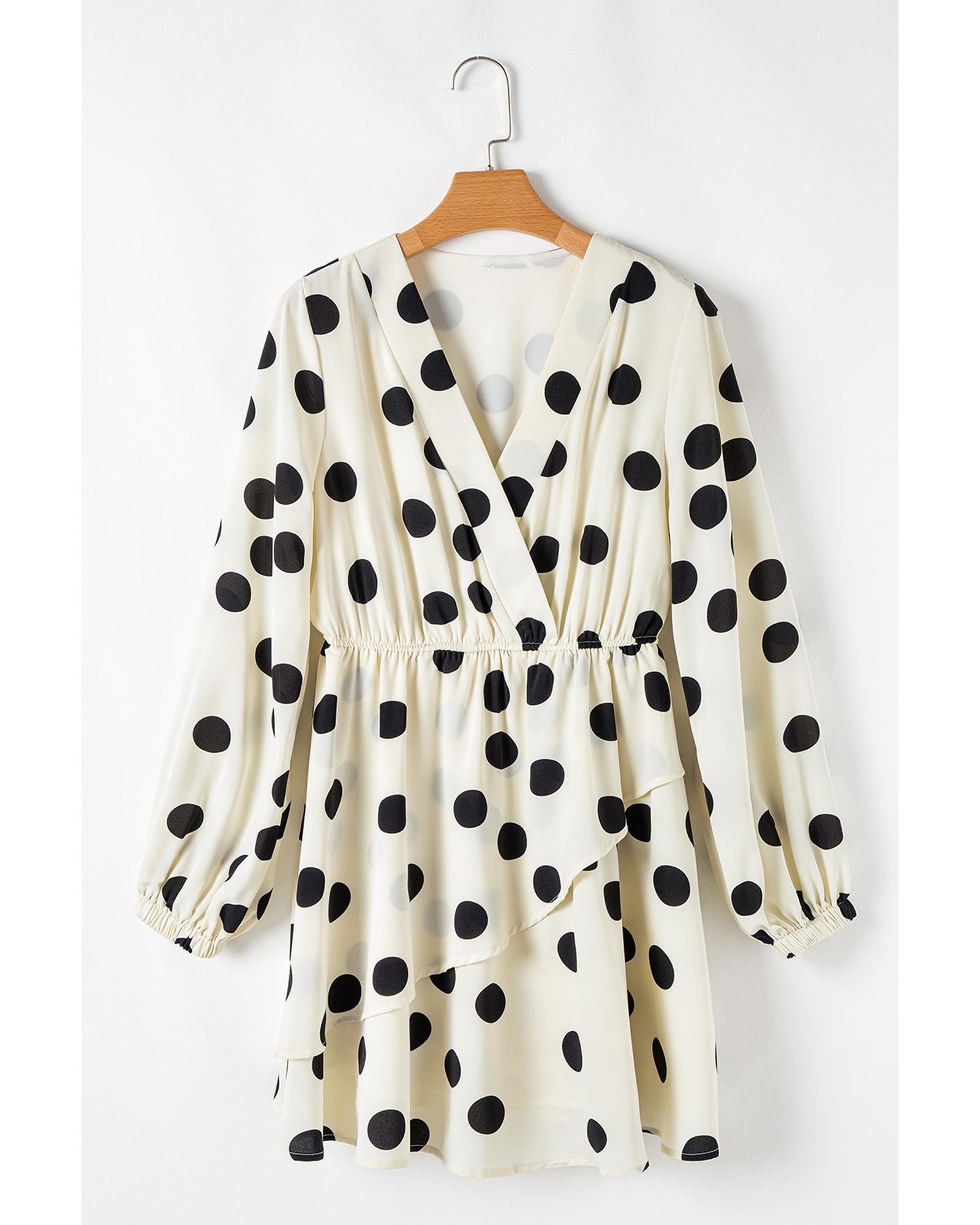 Beige Polka Dot Printed Surplice V Neck Puff Sleeve Mini Dress - M
