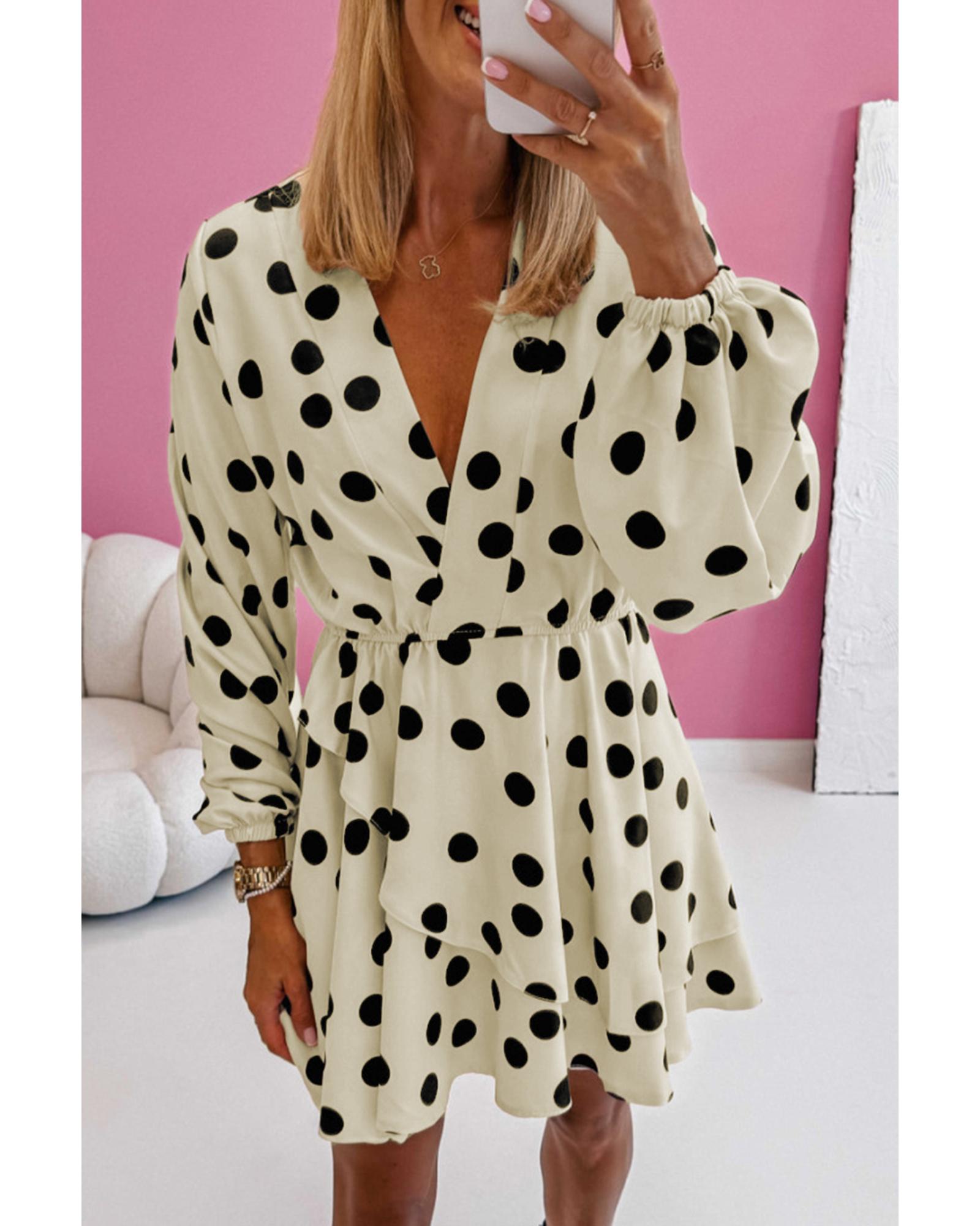 Beige Polka Dot Printed Surplice V Neck Puff Sleeve Mini Dress - M