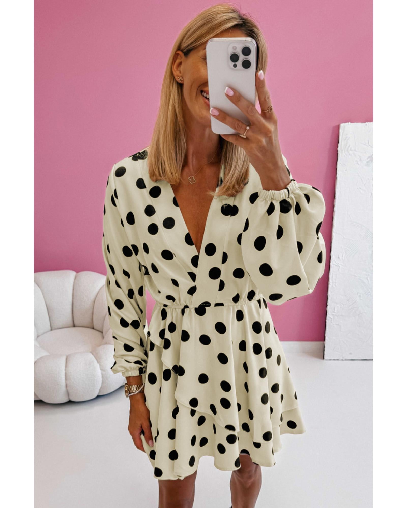 Beige Polka Dot Printed Surplice V Neck Puff Sleeve Mini Dress - M