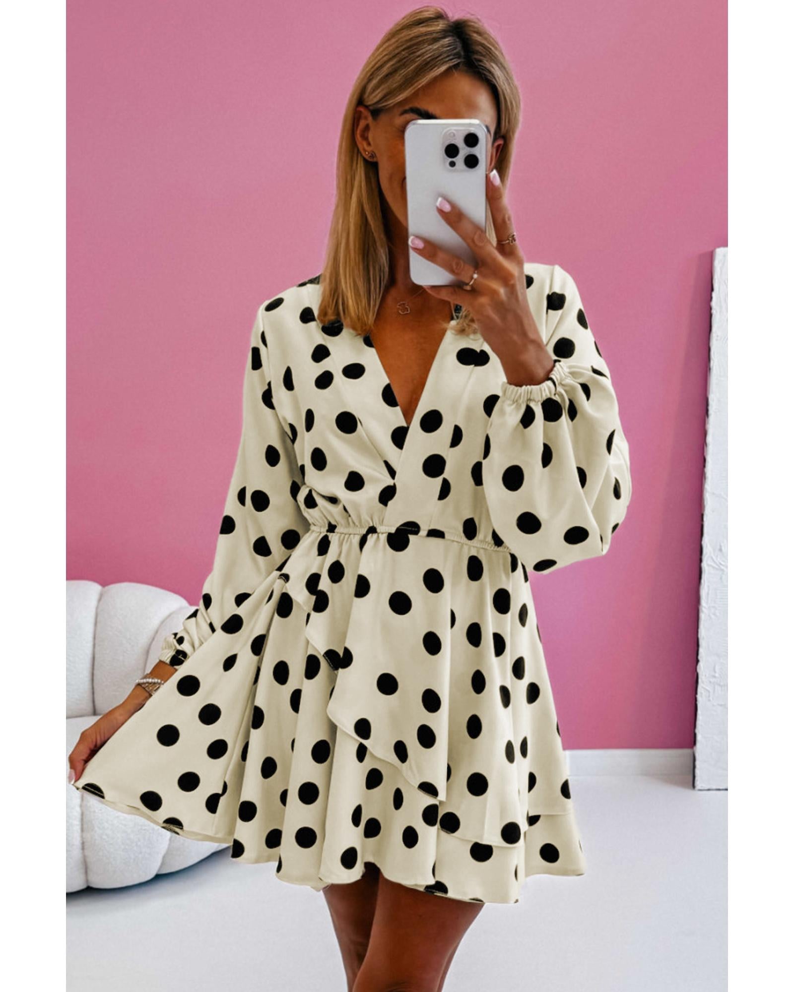 Beige Polka Dot Printed Surplice V Neck Puff Sleeve Mini Dress - M