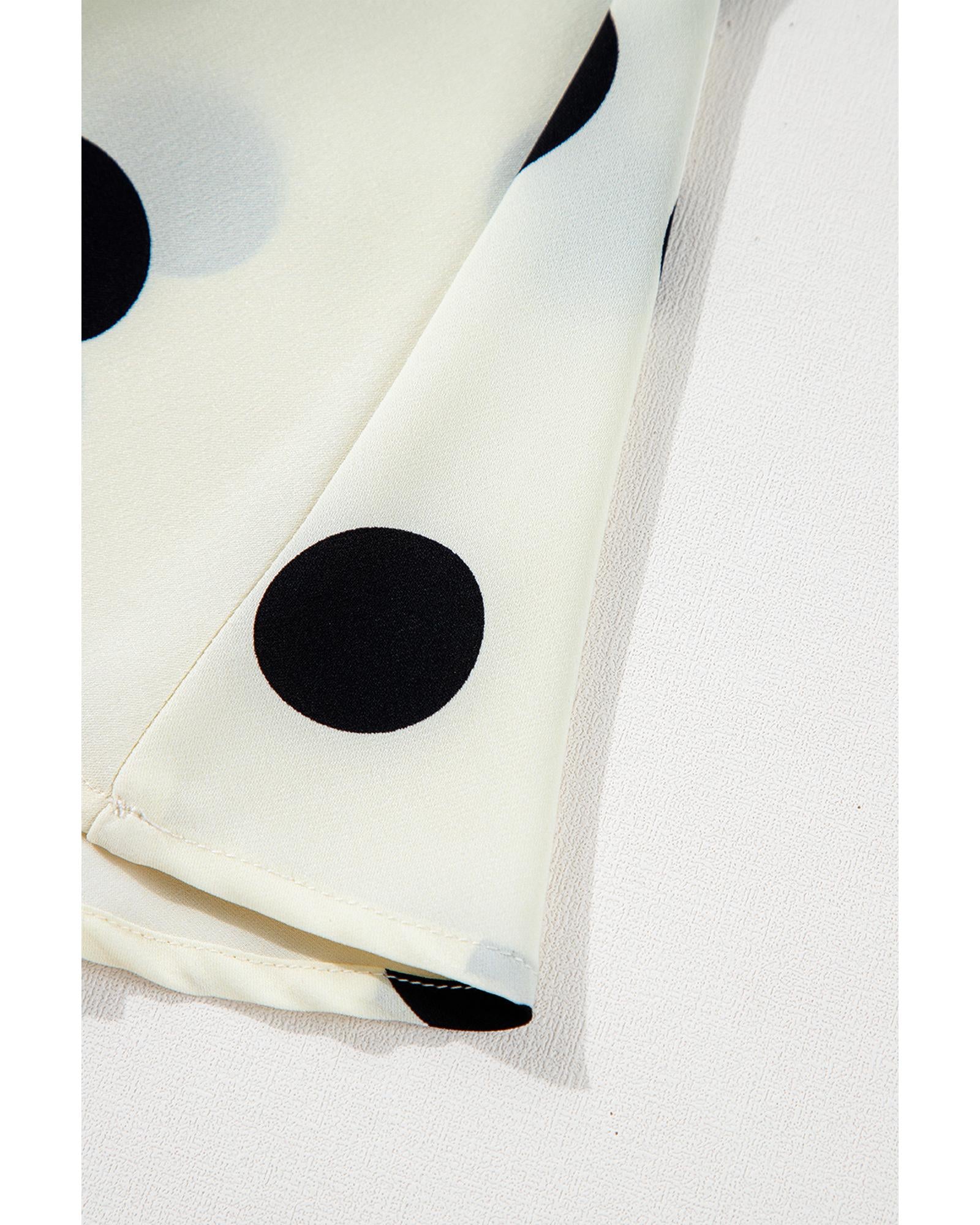 Beige Polka Dot Printed Surplice V Neck Puff Sleeve Mini Dress - S