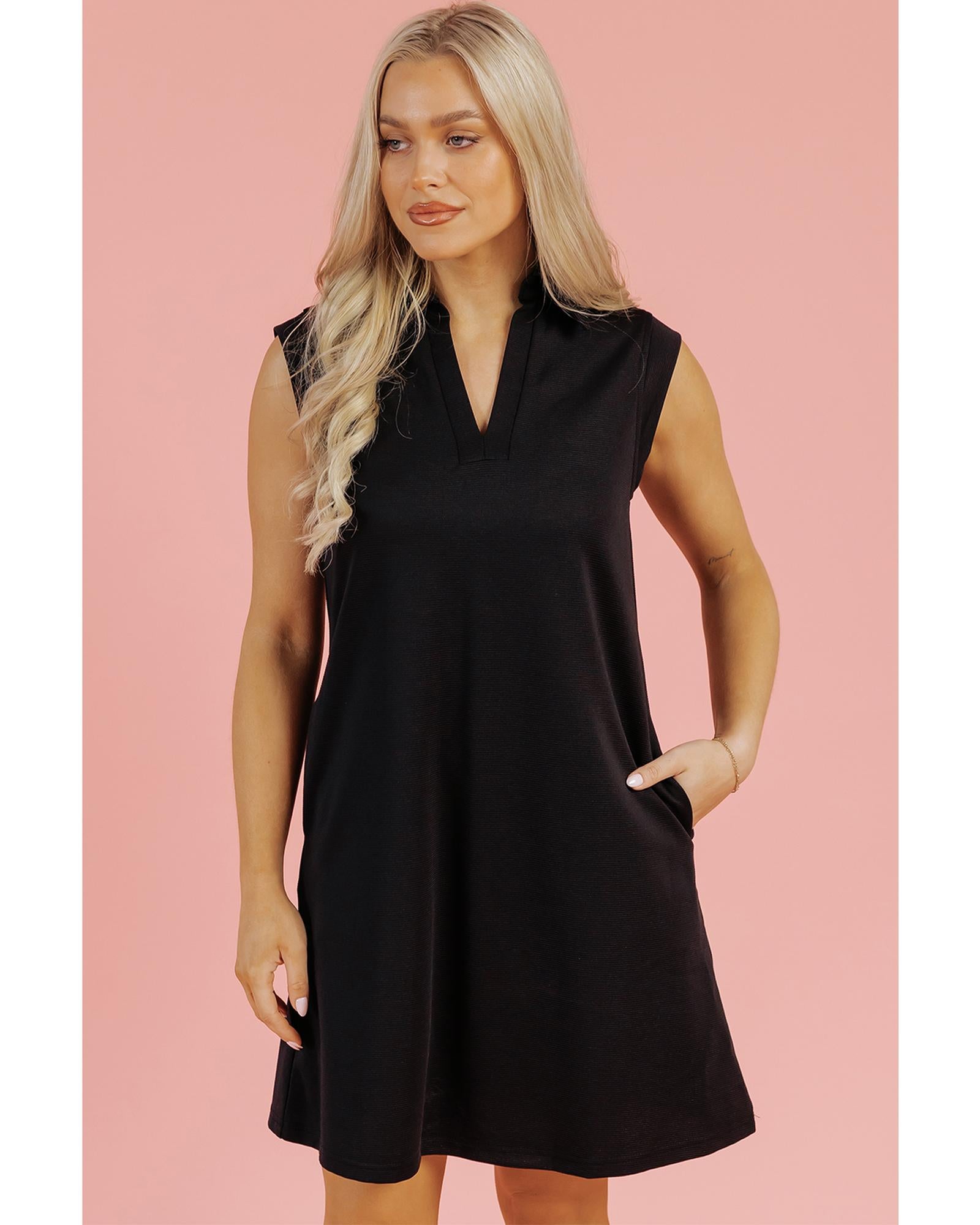 Black Solid Color Collared Slit Neck Sleeveless Mini Dress - XL