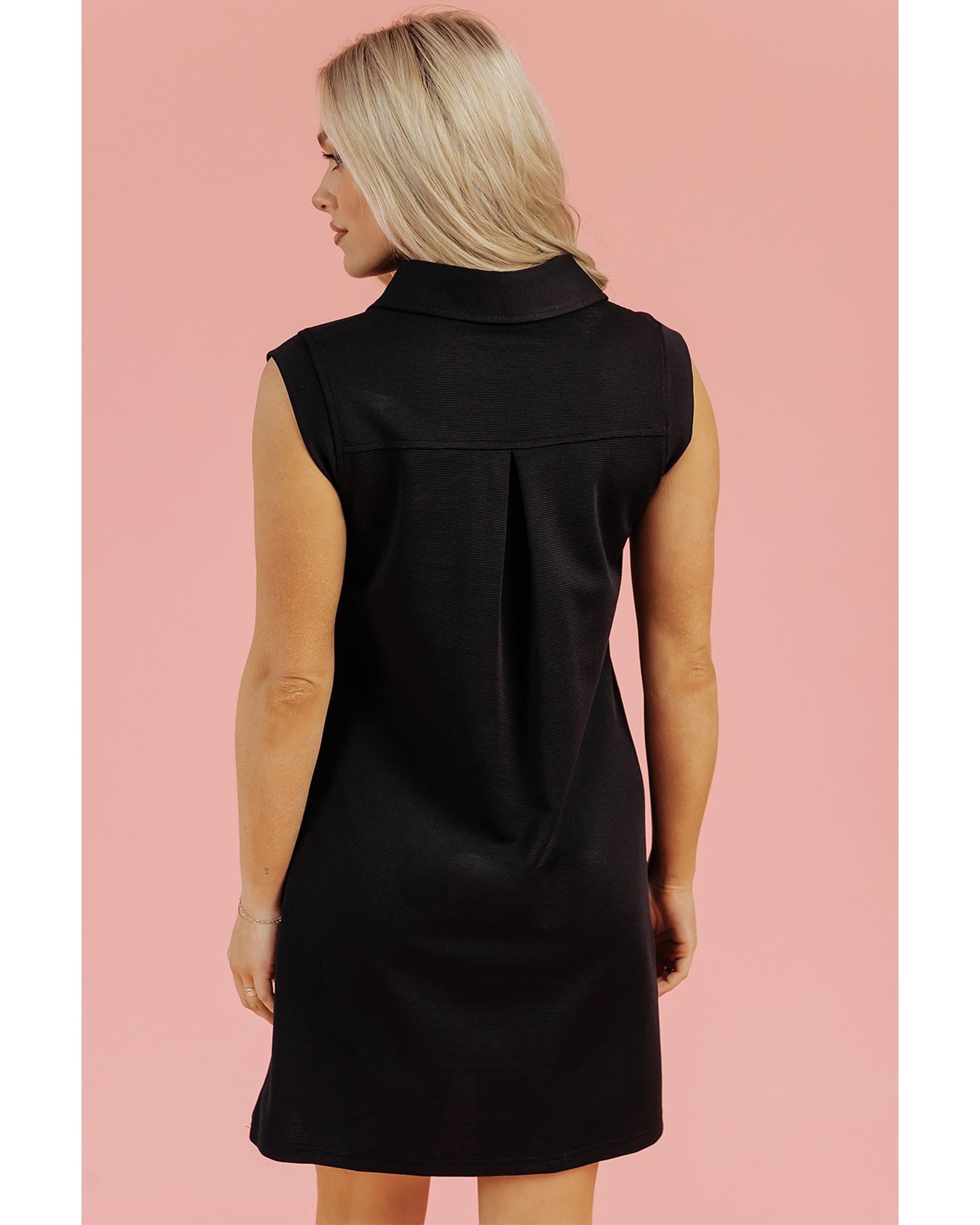 Black Solid Color Collared Slit Neck Sleeveless Mini Dress - XL