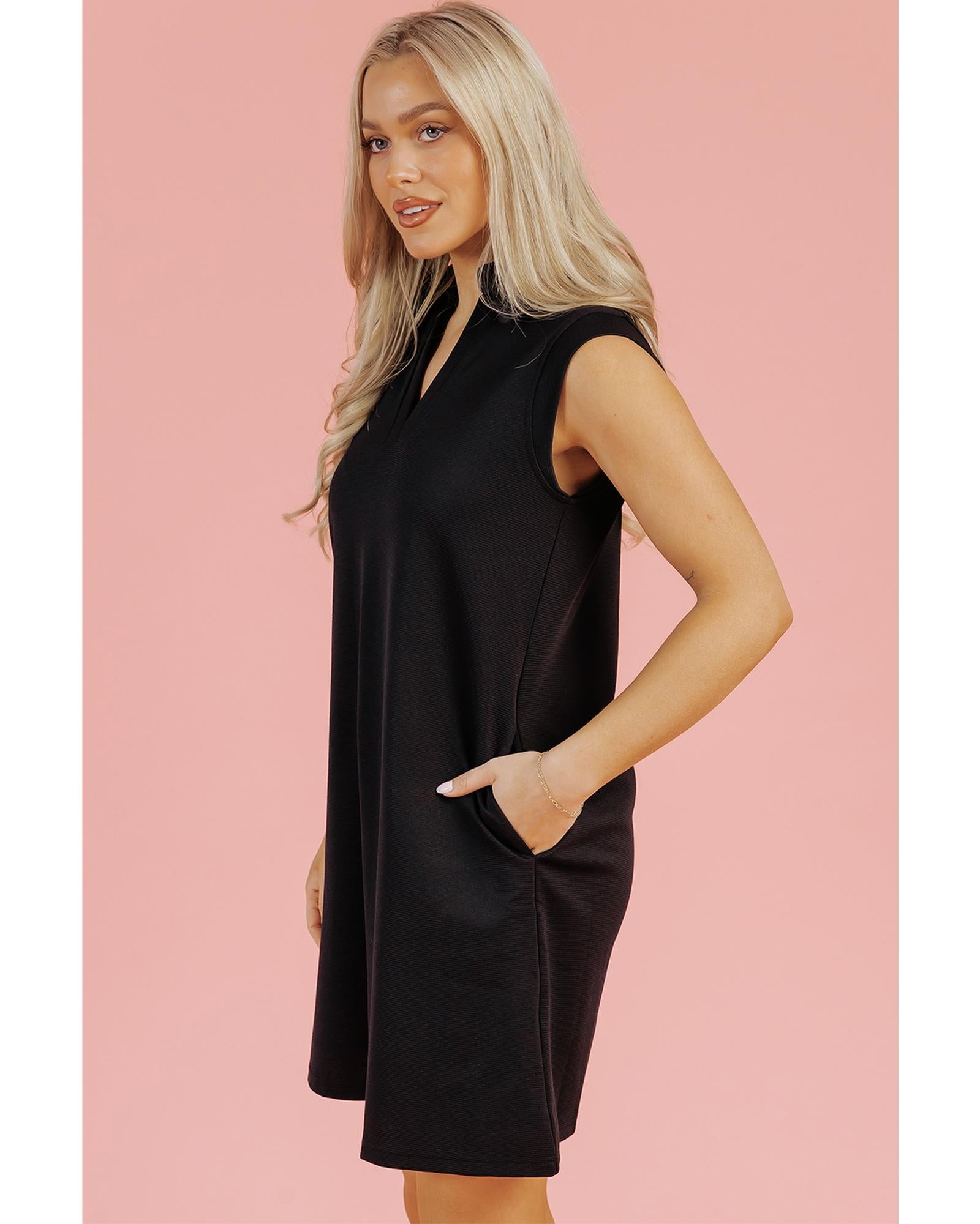 Black Solid Color Collared Slit Neck Sleeveless Mini Dress - XL