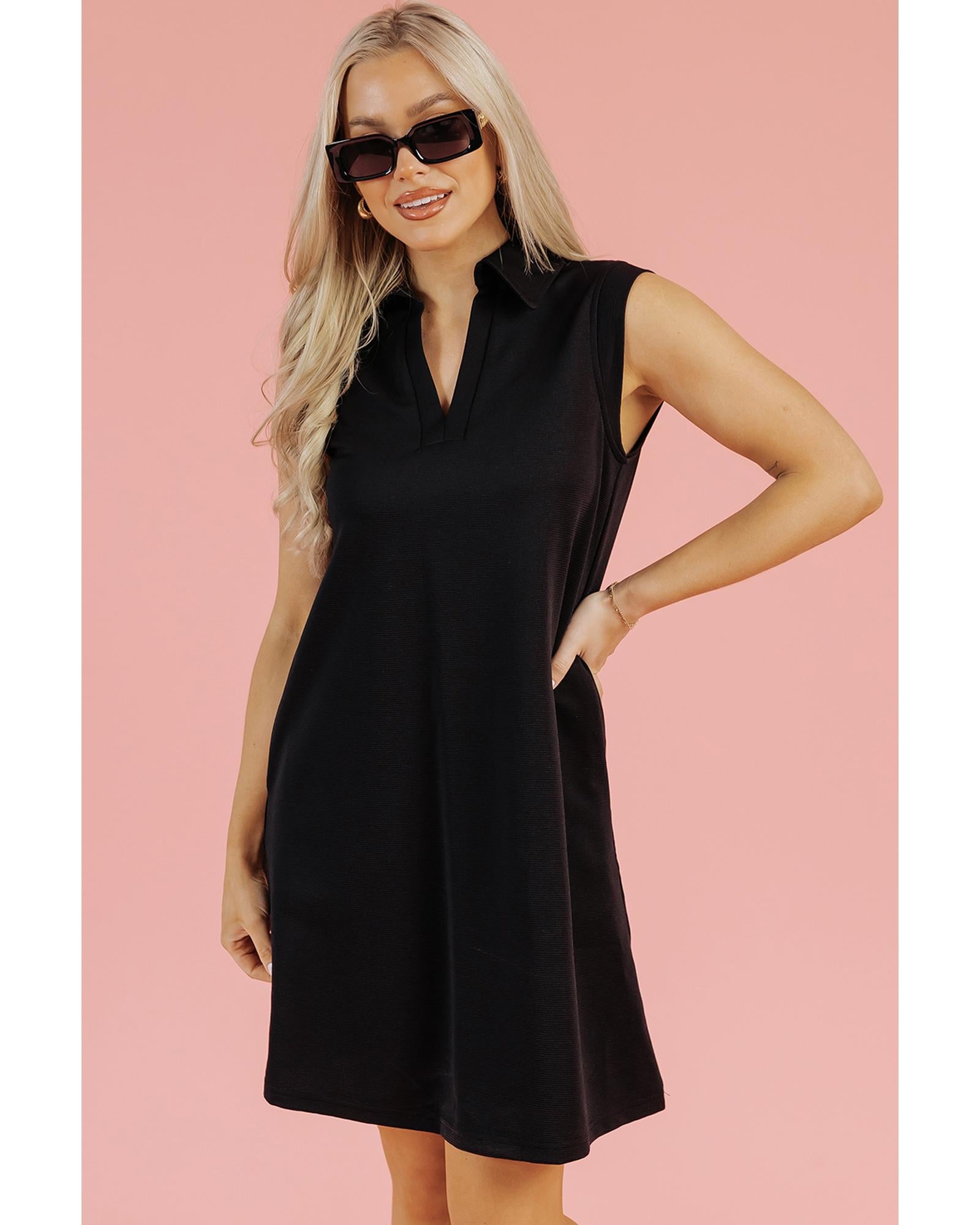 Black Solid Color Collared Slit Neck Sleeveless Mini Dress - XL