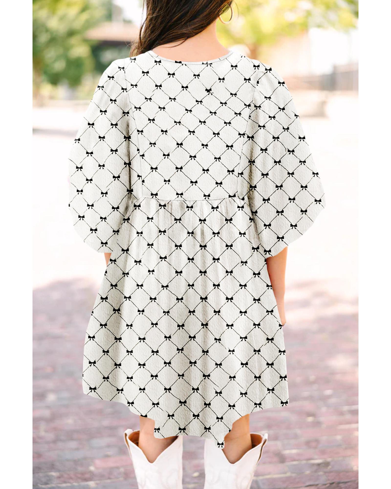 White Bowtie Pattern Textured Puff Half Sleeve Loose Mini Dress - M