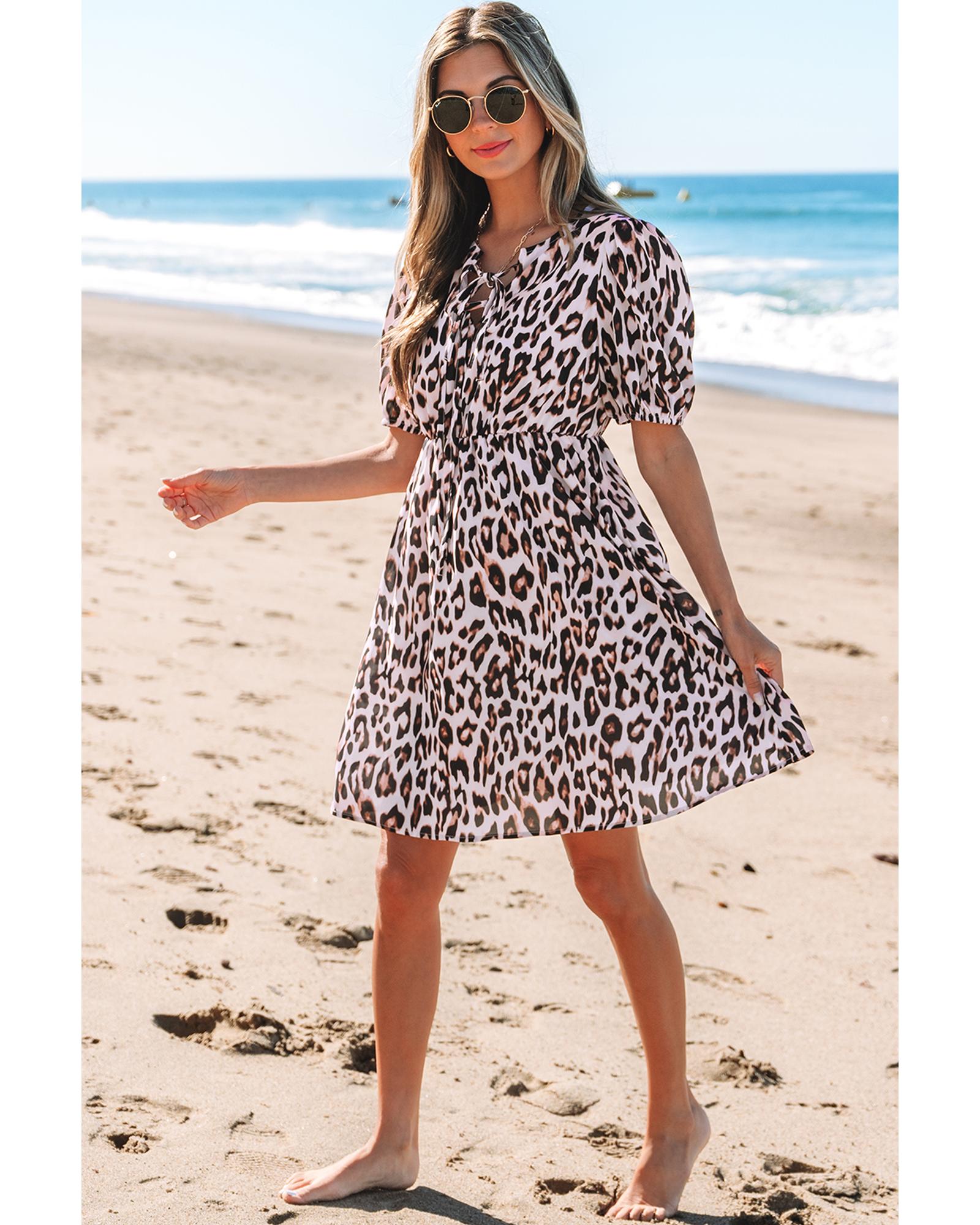 Brown Leopard Tied Front Keyhole Puff Short Sleeve Mini Dress - L