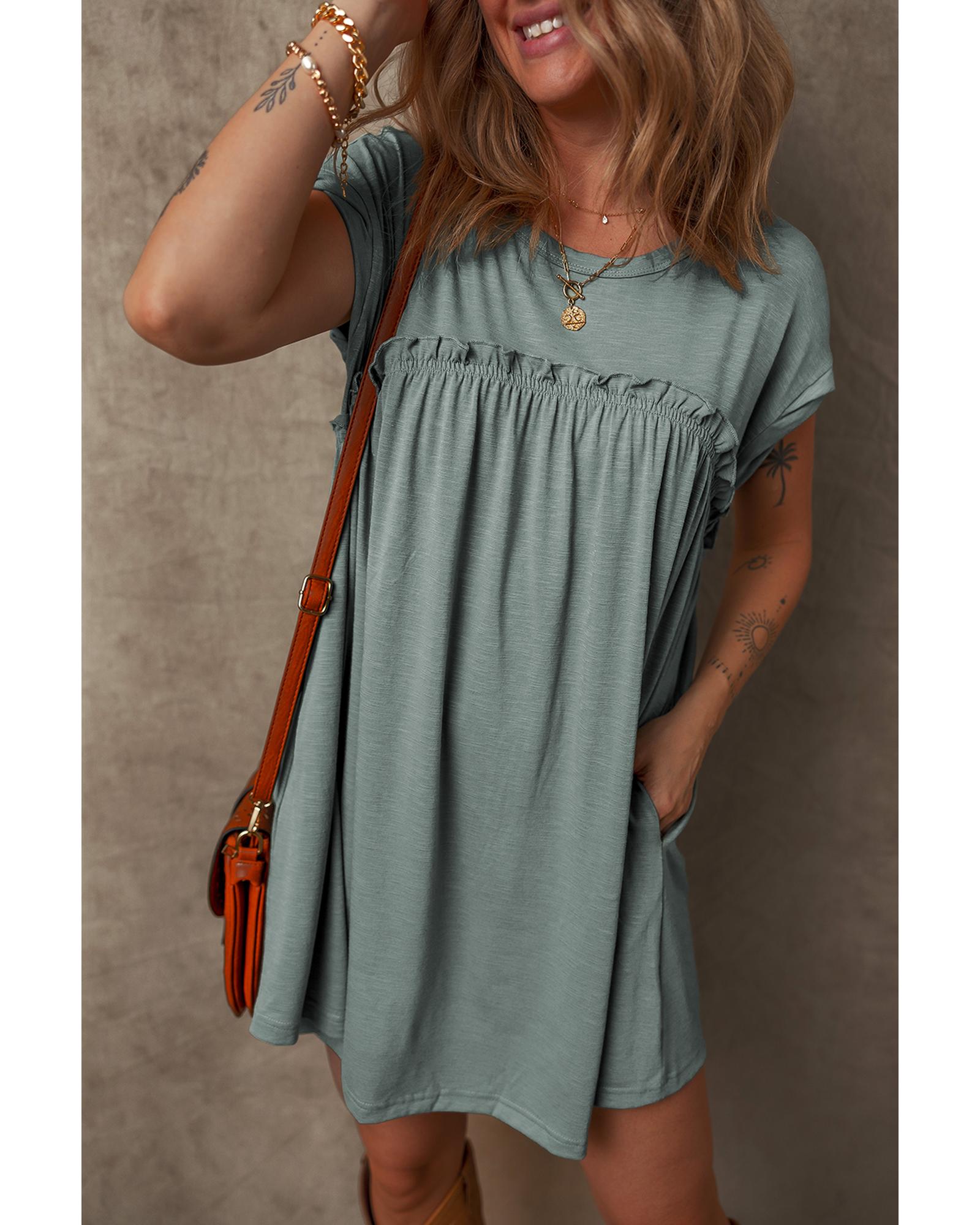 Mist Green Frilled Gathered Seam Round Neck T Shirt Dress - L