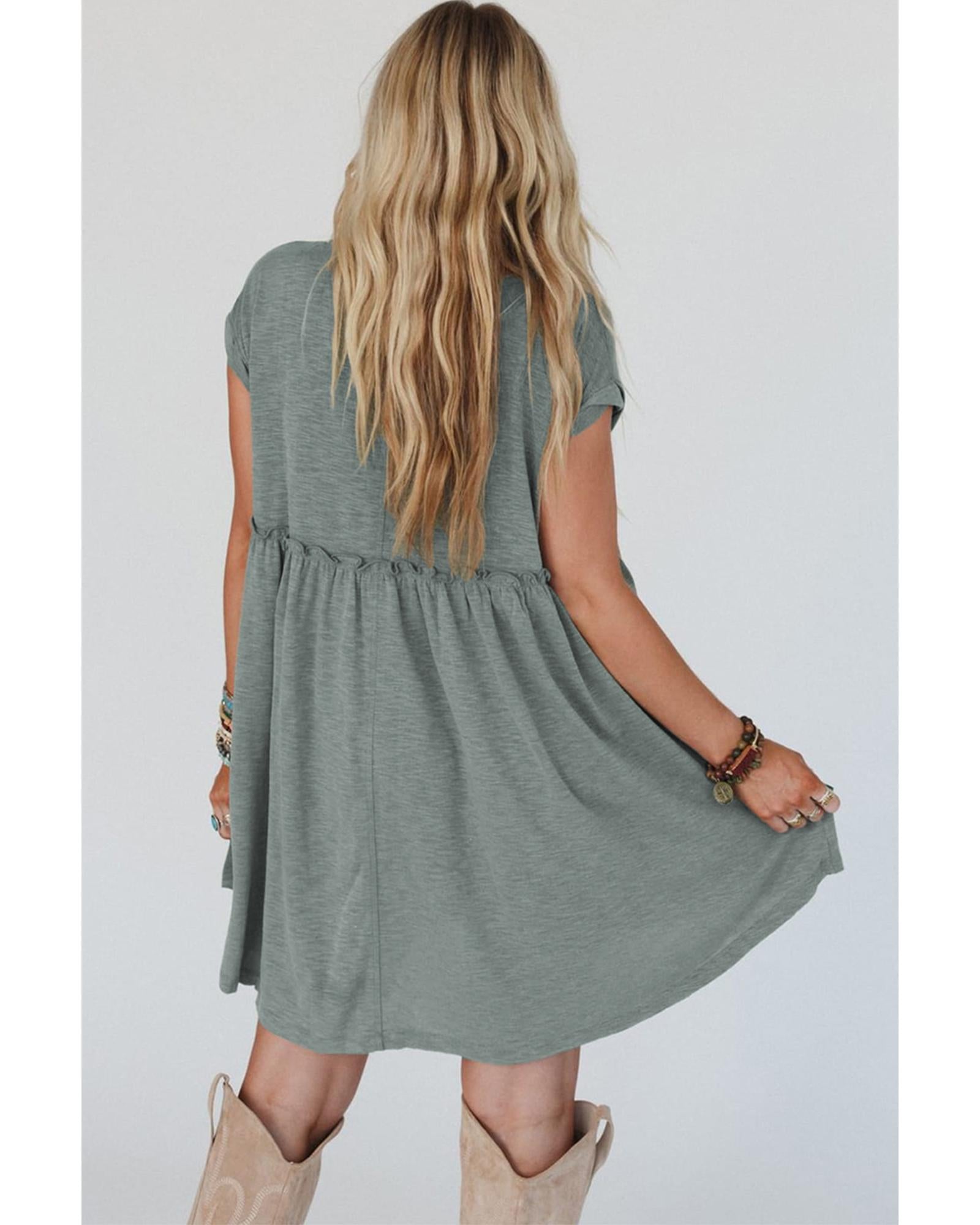 Mist Green Frilled Gathered Seam Round Neck T Shirt Dress - L