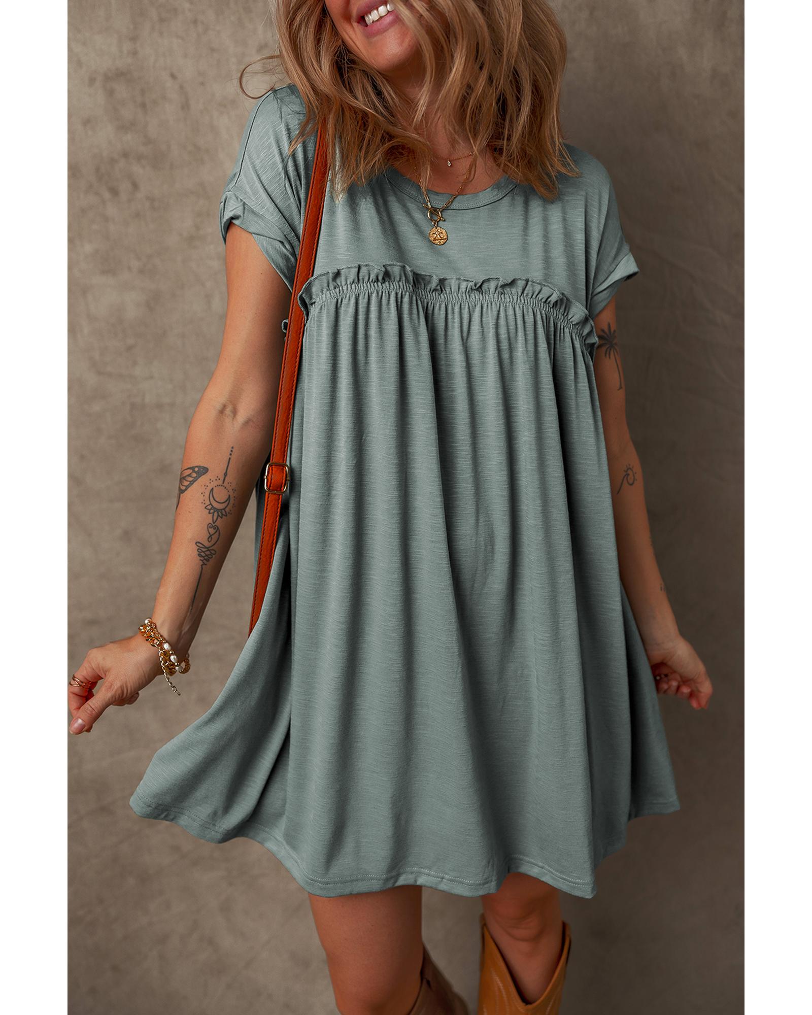 Mist Green Frilled Gathered Seam Round Neck T Shirt Dress - M
