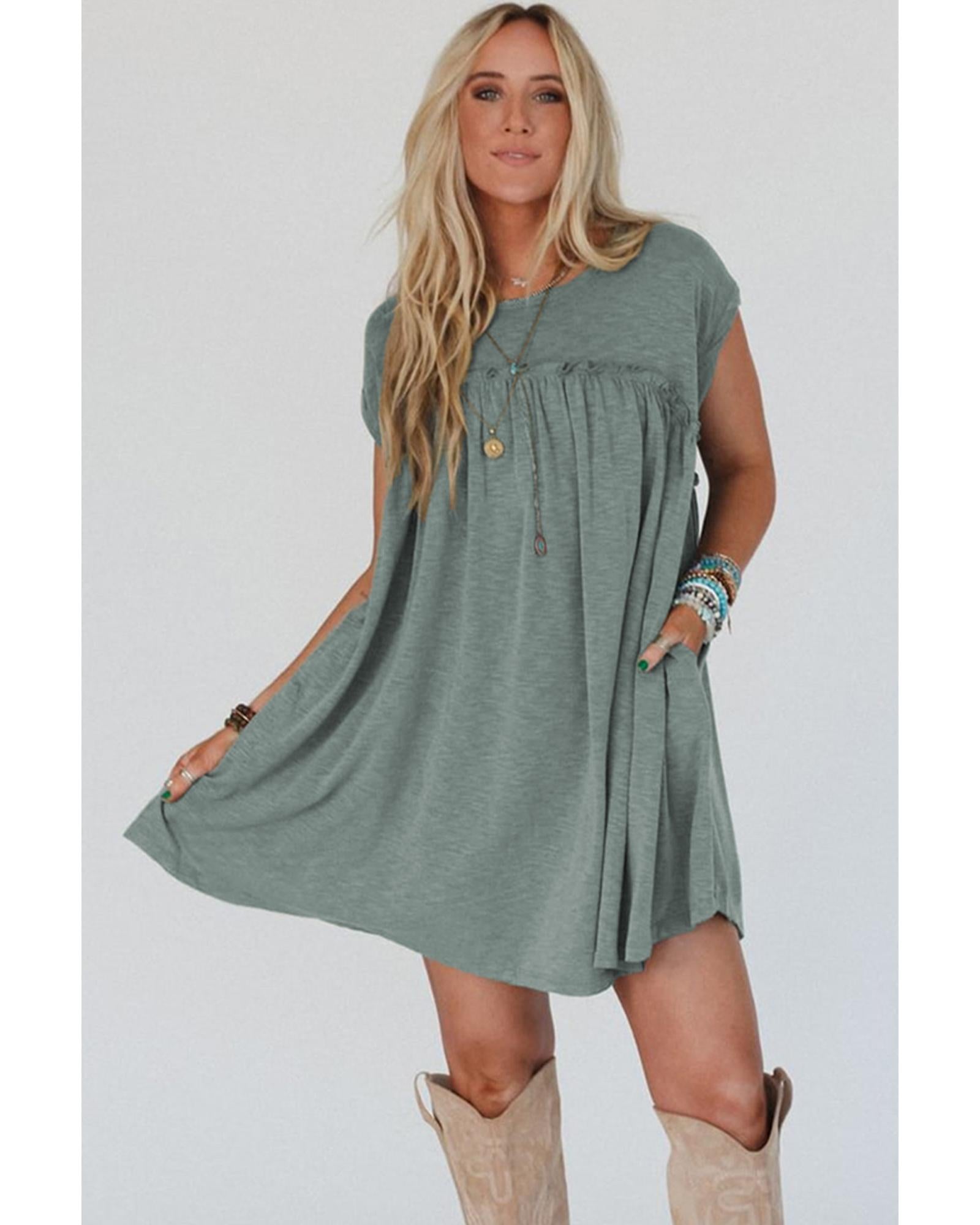 Mist Green Frilled Gathered Seam Round Neck T Shirt Dress - XL