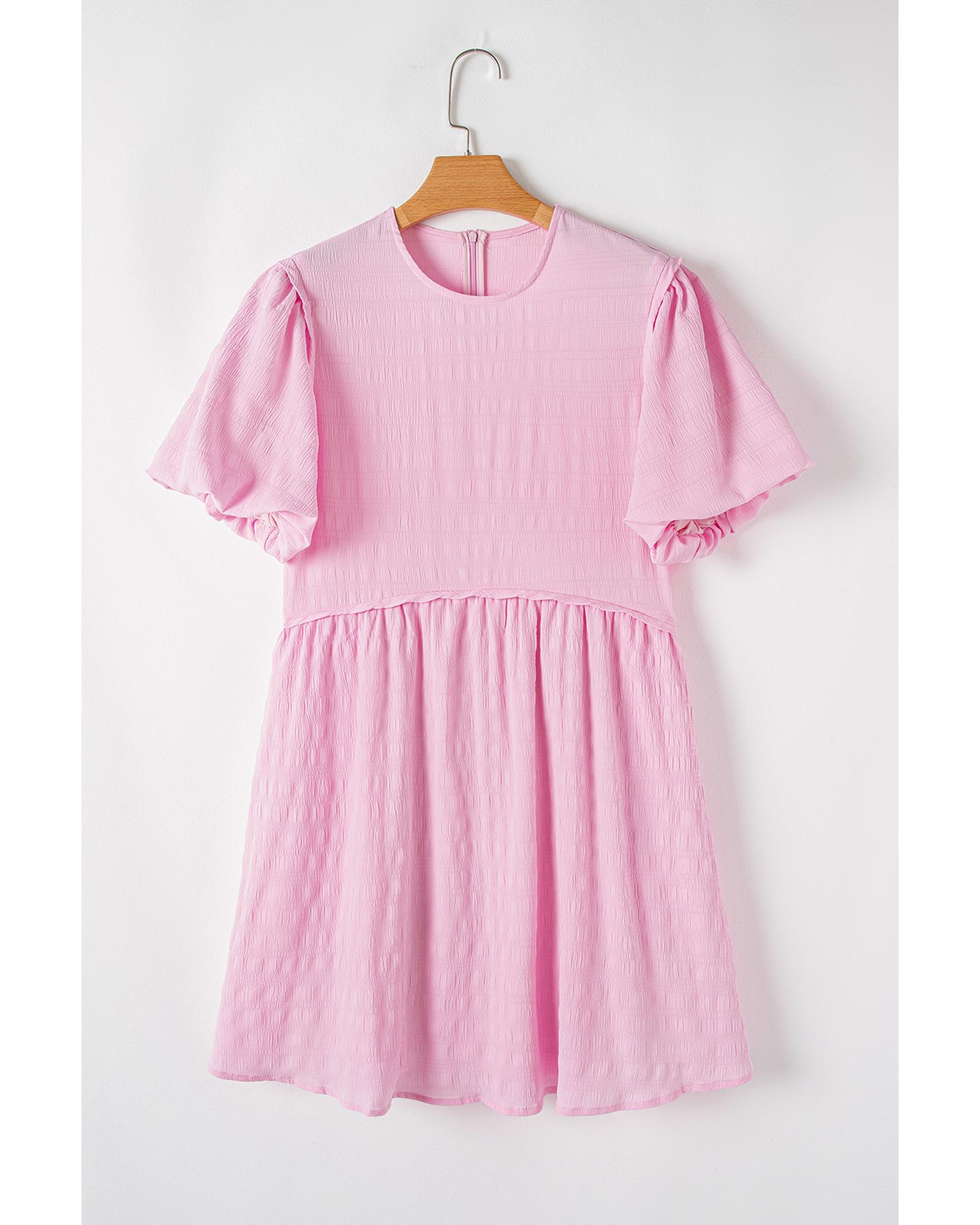 Bonbon Textured Bubble Sleeve High Waist Mini Dress - L
